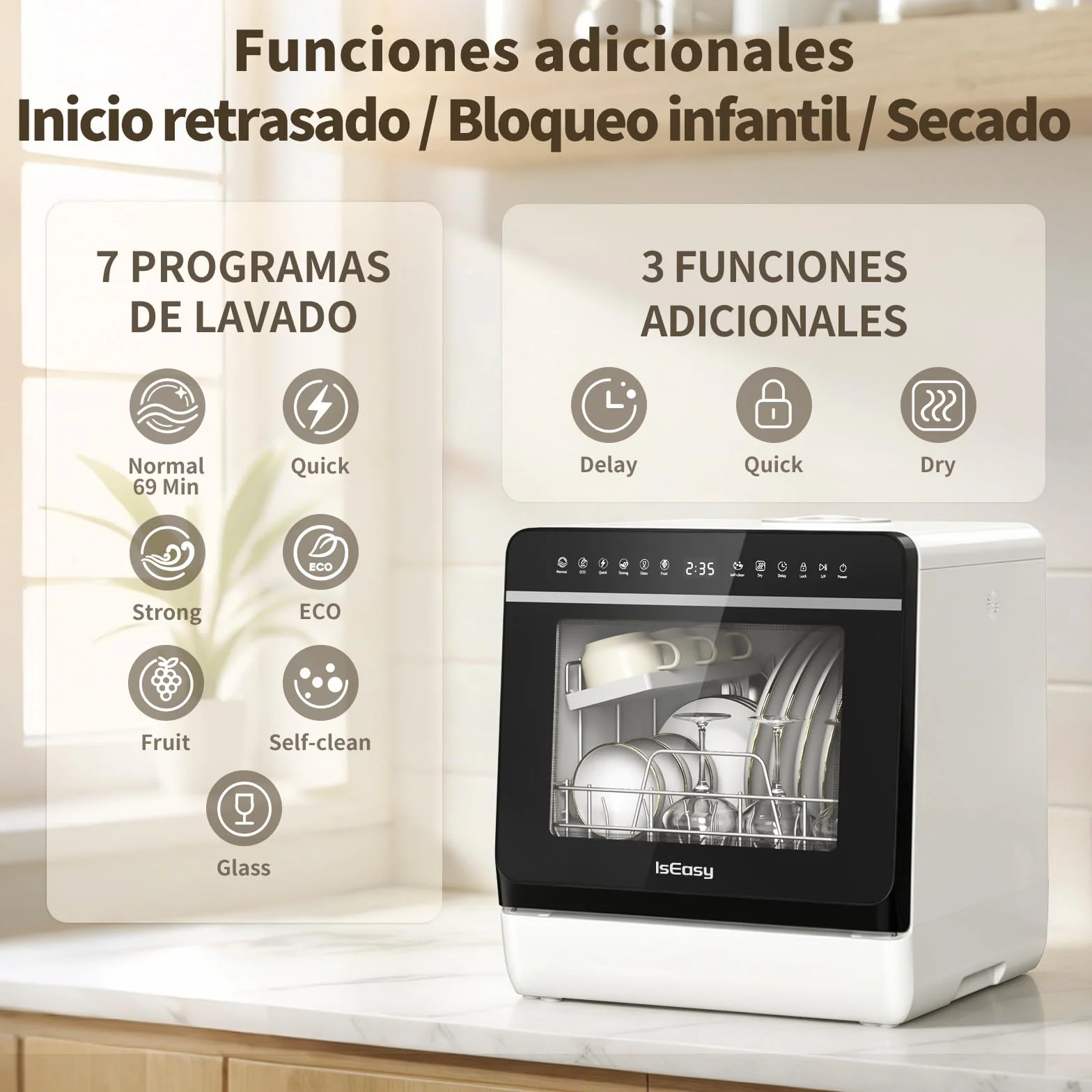 Lavavajillas de Encimera 7+3 Programas 5L Control Táctil Pantalla LED