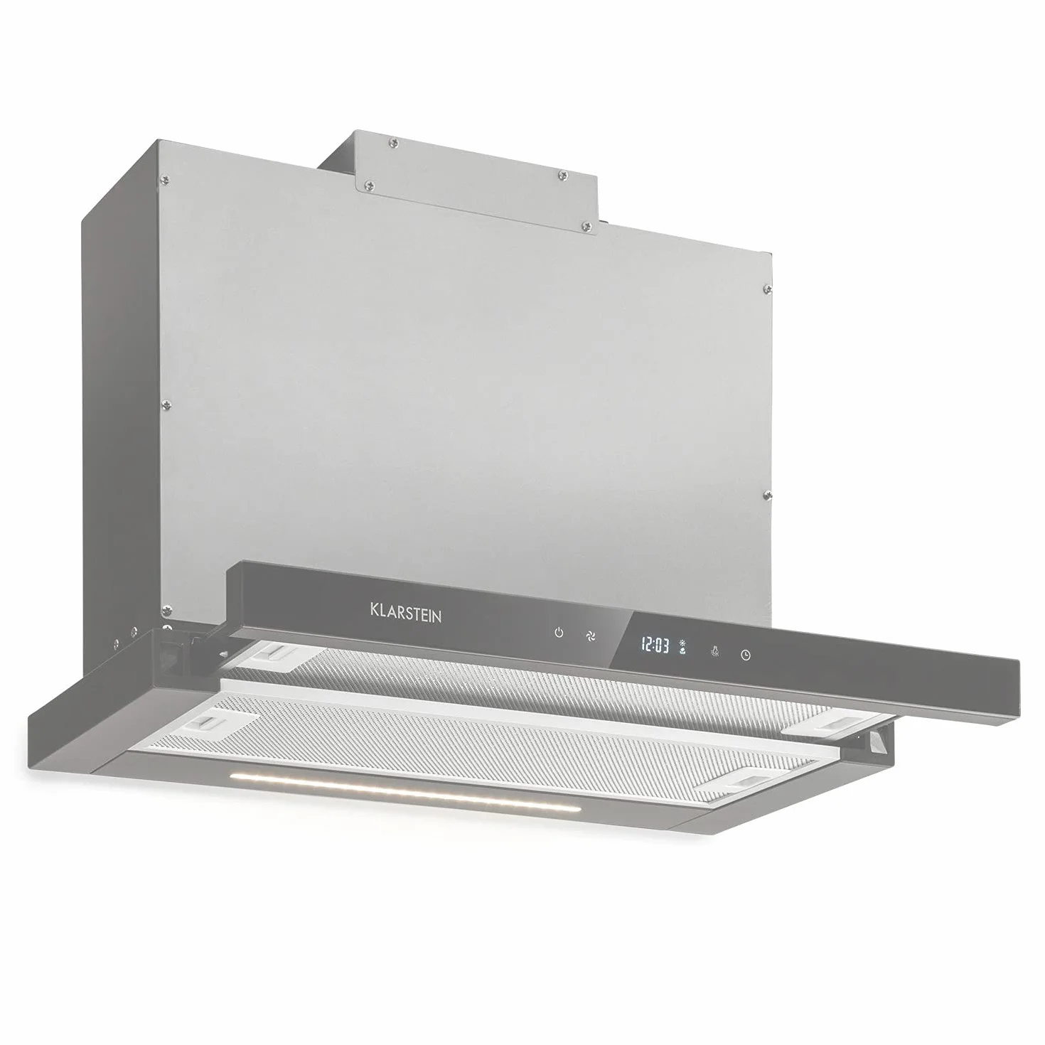 Klarstein Mariana Neo - Campana extractora encastrable, Extraíble, Caudal aire 640 m³/h, Potencia 150 W, 3 potencias, Temporizador, 2 filtros grasa, Panel táctil, Pantalla LCD, EEC A, 60 cm, Negro