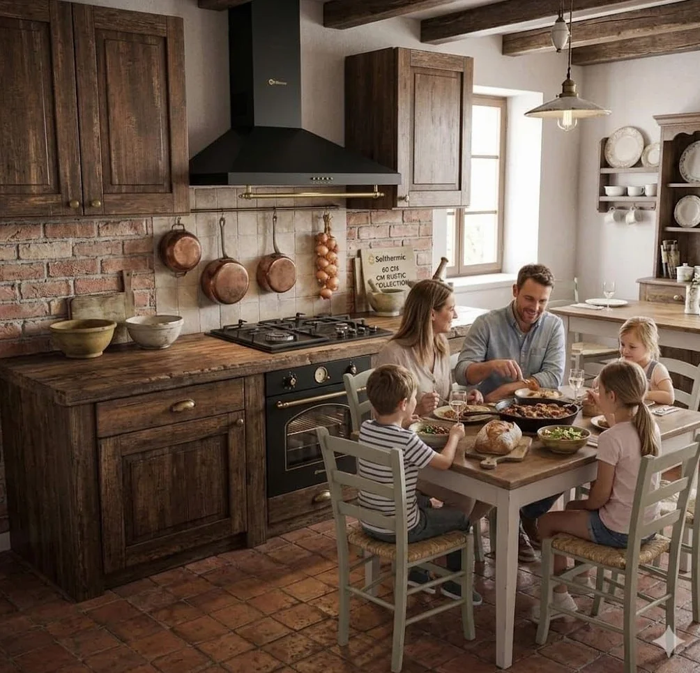 CONJUNTO ENCIMERA GAS + HORNO ELECTRICO MULTIFUNCION/ESTILO RUSTICO NEGRO CON MANDOS DORADOS/ANCHO 60 CMS/ENCIMERA 4 FUEGOS/HORNO 64 L.