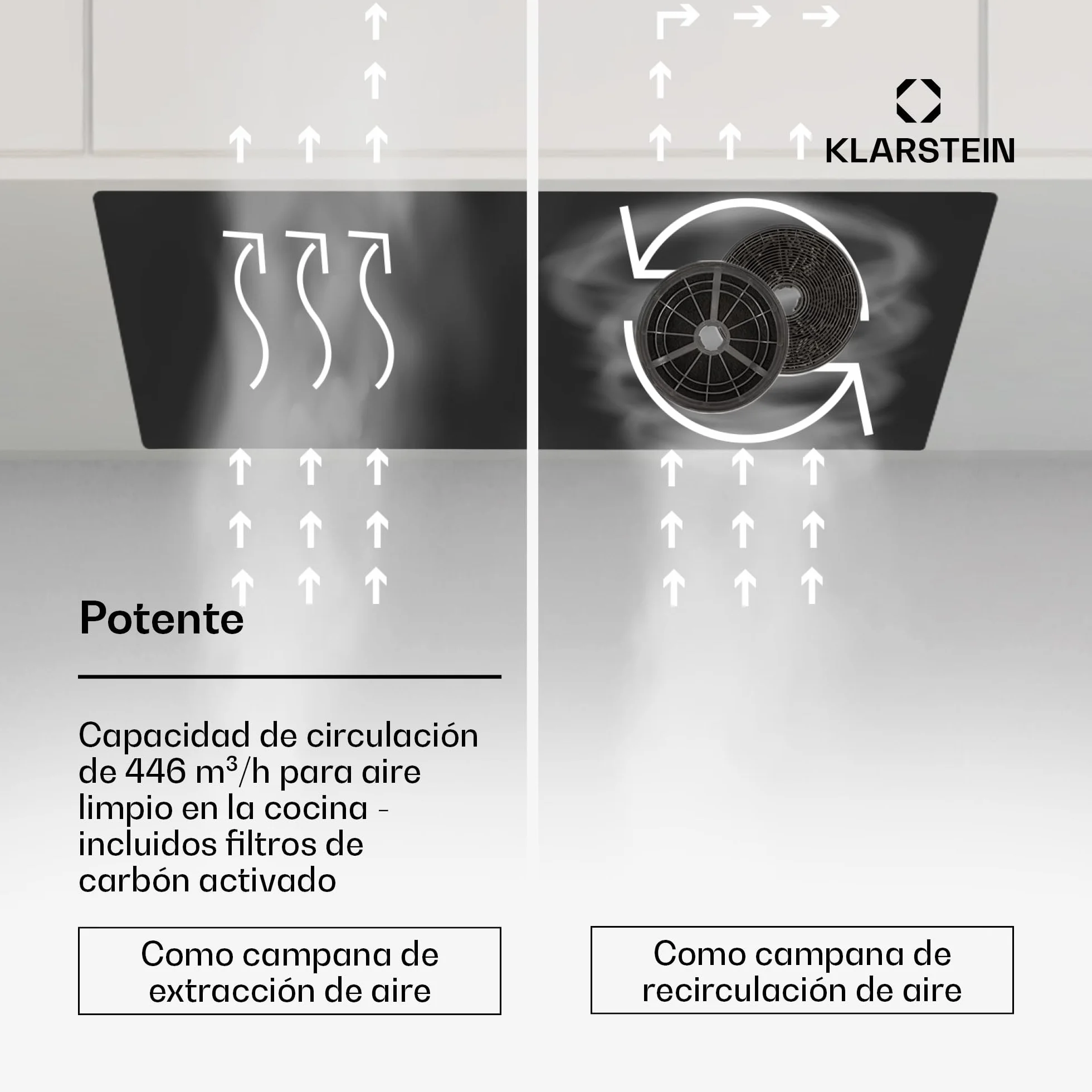 Klarstein Campana Extractora Cocina 52cm con Luces LEDs, Extractor con Filtros Anti Grasa y Panel Táctil, Campanas Extractoras con Flujo Aire 466m³/h, Extractores Cocinas
