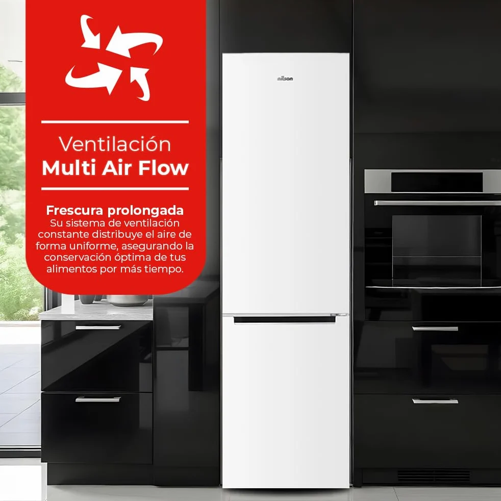 Nilson Frigorífico Combi Blanco, 2 Puertas. NC185500ENF, Capacidad 253 L, No Frost, Multi Air Flow, Bajo Nivel Sonoro, Puerta Reversible, Clasificación Energética E