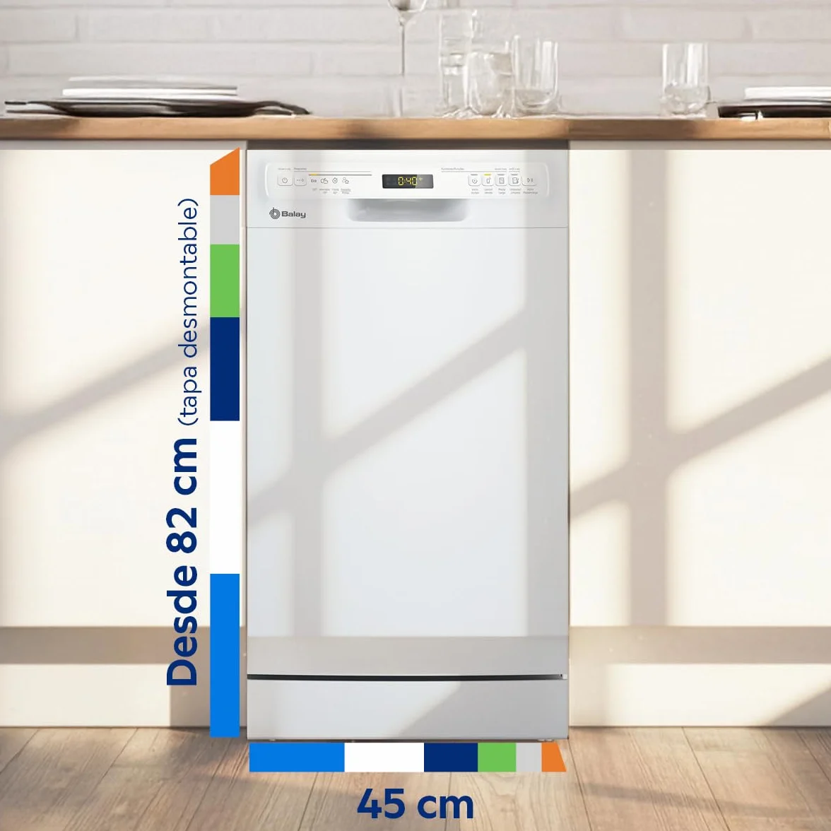 Balay - Lavajillas, Libre instalación, 45 cm de ancho, Motor ExtraSilencio, Home Connect, Display LED, Blanco, 3VN4030BA
