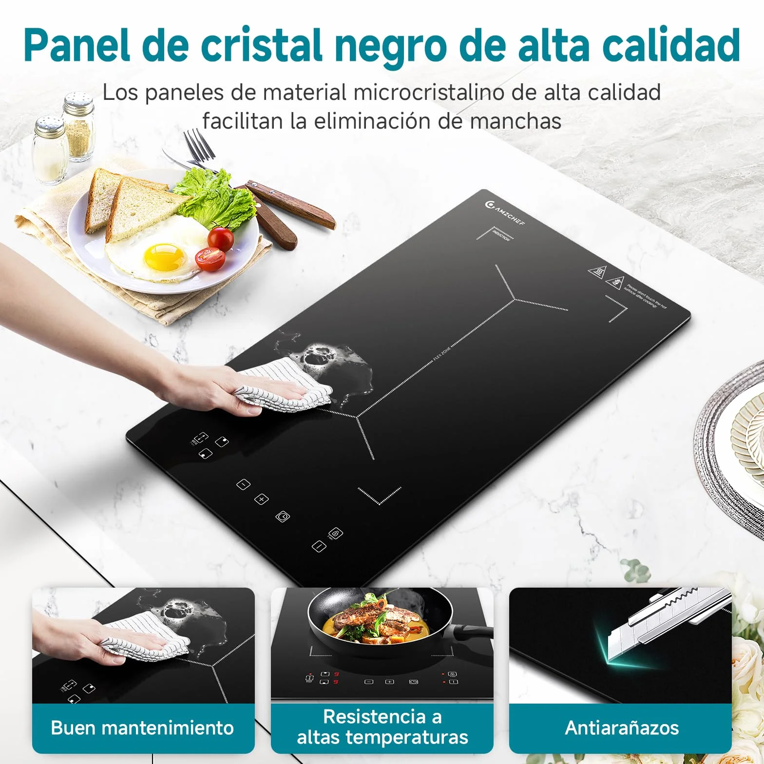 Placa de inducción con zonas flexibles, AMZCHEF placa induccion doble con 9 niveles de potencia, calentamiento intermitente, panel de control de moda, cerradura de seguridad, 3300W, negro