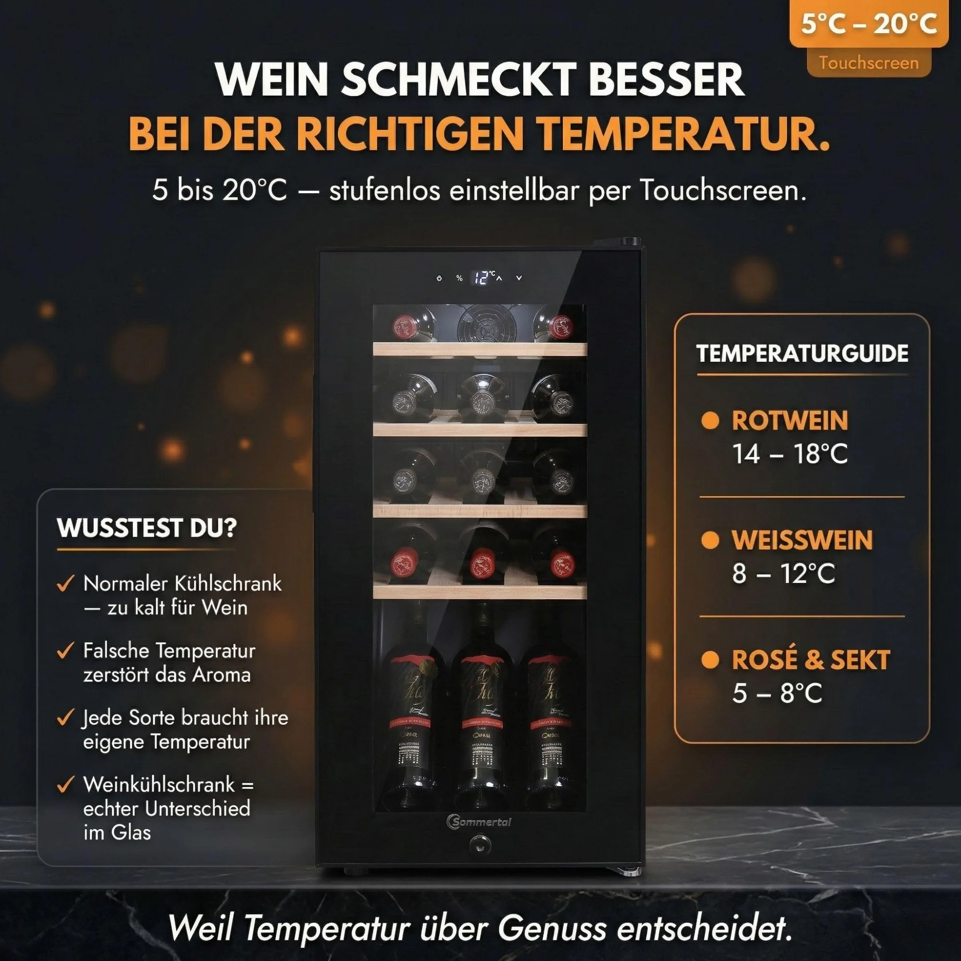 Sommertal WK50 - Nevera para vino con puerta de cristal (15 botellas, 5 – 20 ºC, ajustable, con cerradura, iluminación LED, puerta de cristal, pantalla táctil, 4 estantes de madera, silencioso, ahorro
