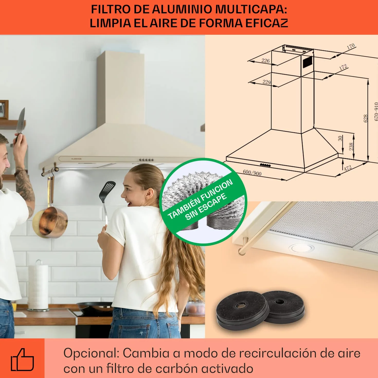 Klarstein Campana Extractora 90 cm, Extractor Cocina para Pared con Filtro Aluminio Antigrasa para Lavavajillas, Flujo Aire 645m³/h, Luces LEDs, Campanas de Cocina, Extractores con Montaje de Pared