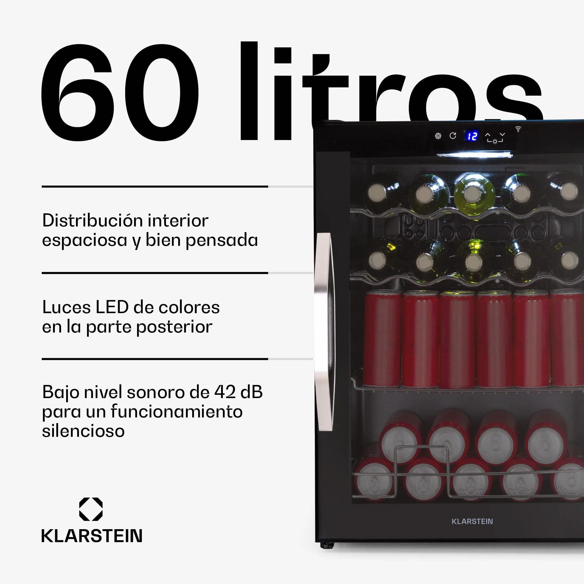 KLARSTEIN Coachella 60 Nevera para Bebidas - 60L Frigorífico para Bebidas con Wifi, Puerta de Cristal, Iluminación Led, 3-18°C, 3 Estantes Metálicos, 7 Colores, Negra