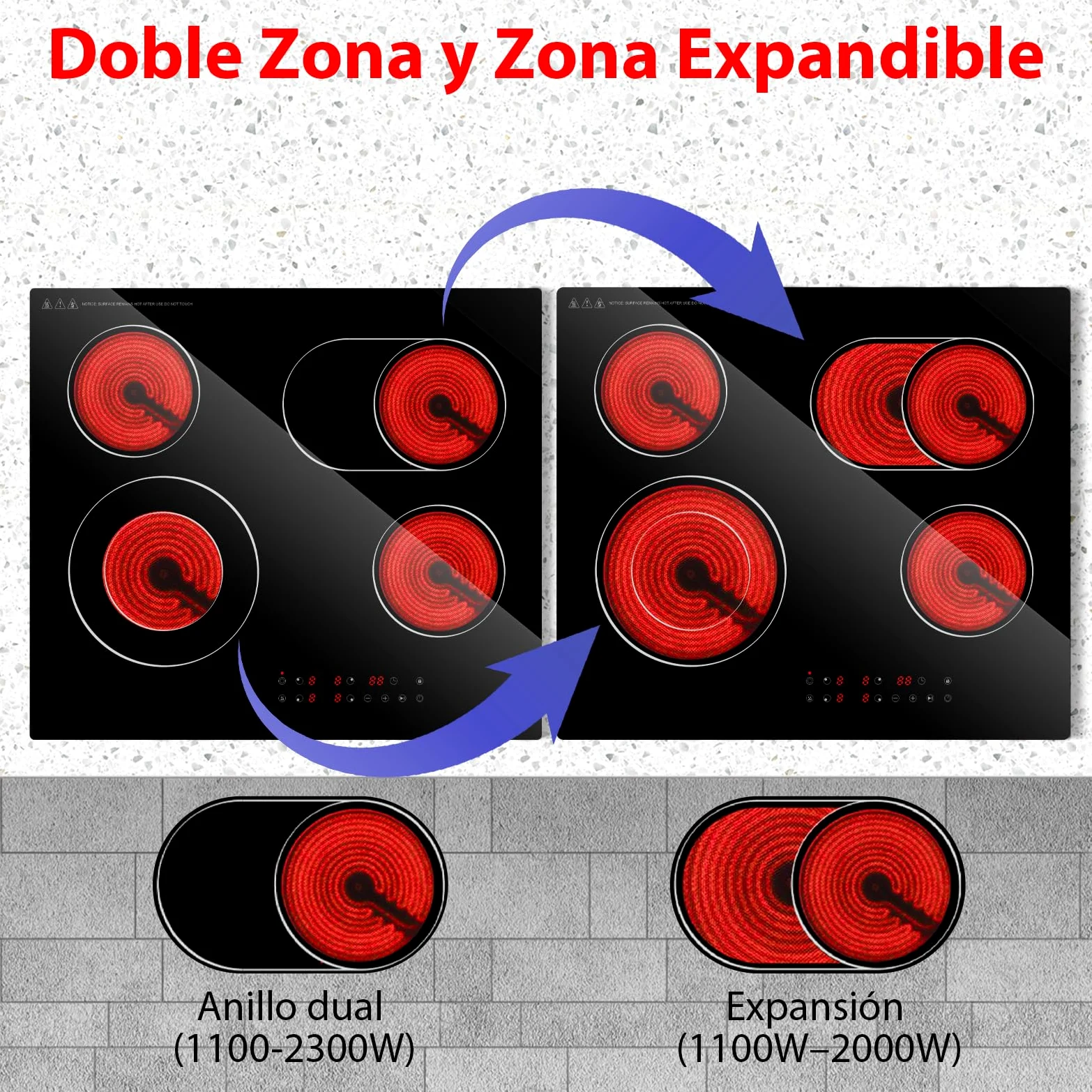 Placa Vitrocerámica 60cm Empotrable 4 Zonas 6700W Dual Ring