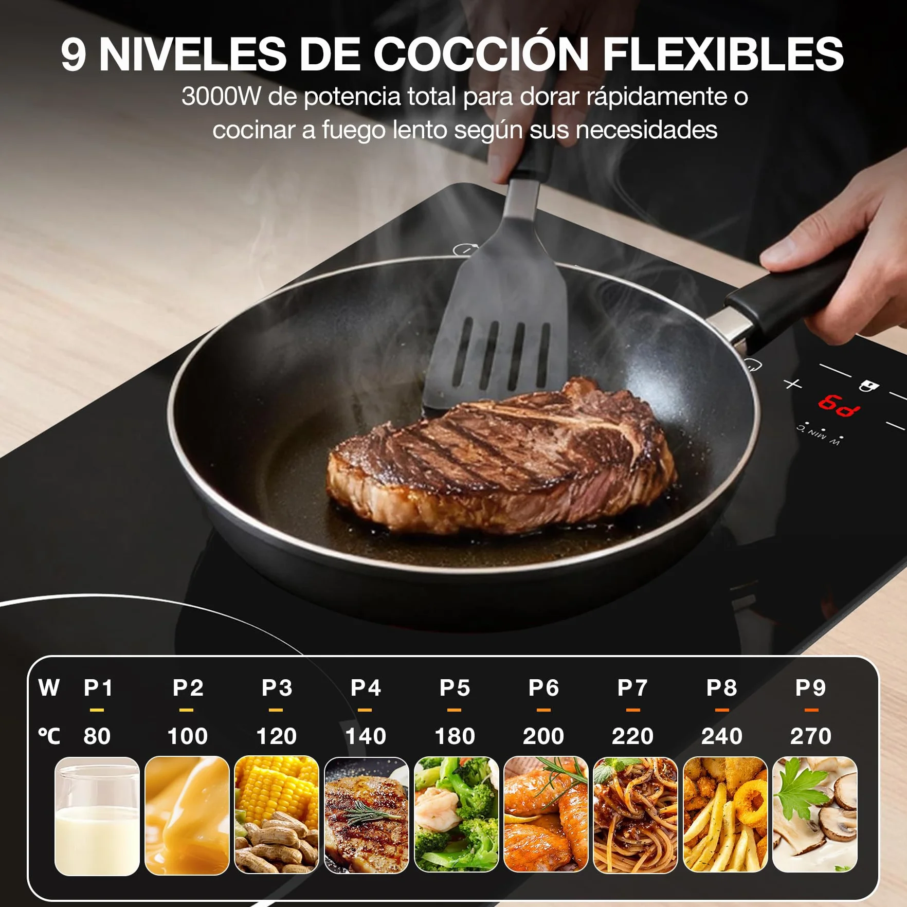 Placa de Inducción 2 Fuegos 3000W, Placa de Cocción Eléctrica 220-240V 51cm con 9 Niveles de Potencia y Temperatura, Temporizador & Indicador de Calor Residual - Encastrable o de Sobremesa