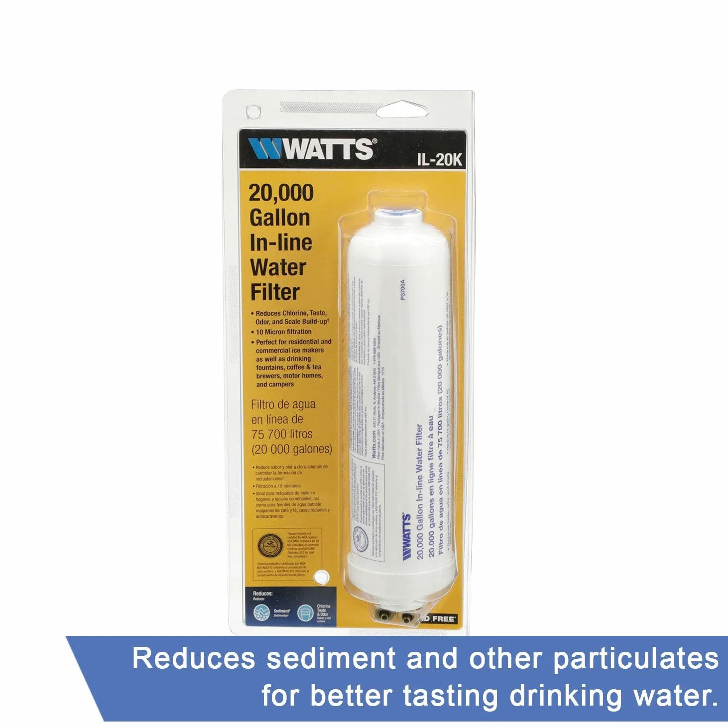 Watts - Filtro de agua en línea de 20.000 galones de capacidad, filtro en línea para refrigerador, máquina de hielo, debajo del fregadero, y reduce el mal sabor, olores, cloro y sedimentos en agua
