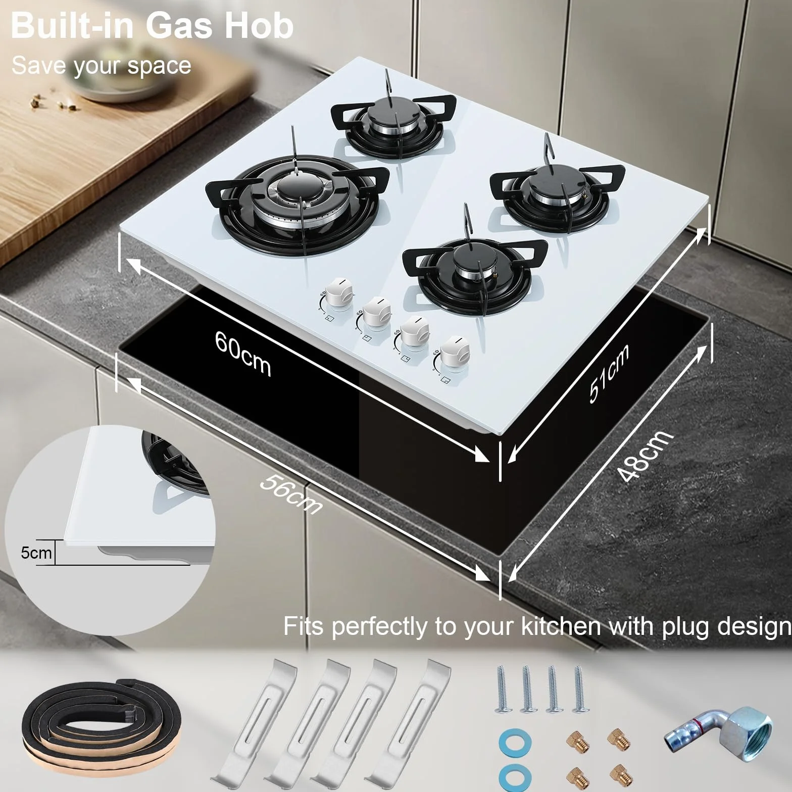 Placa de cocción con 4 fuegos de gas, TopStrong de cristal empotrable de 60 cm, hornillo de gas natural/propano, cristal blanco, protección Flame-Out, parrillas esmaltadas, 8060 W
