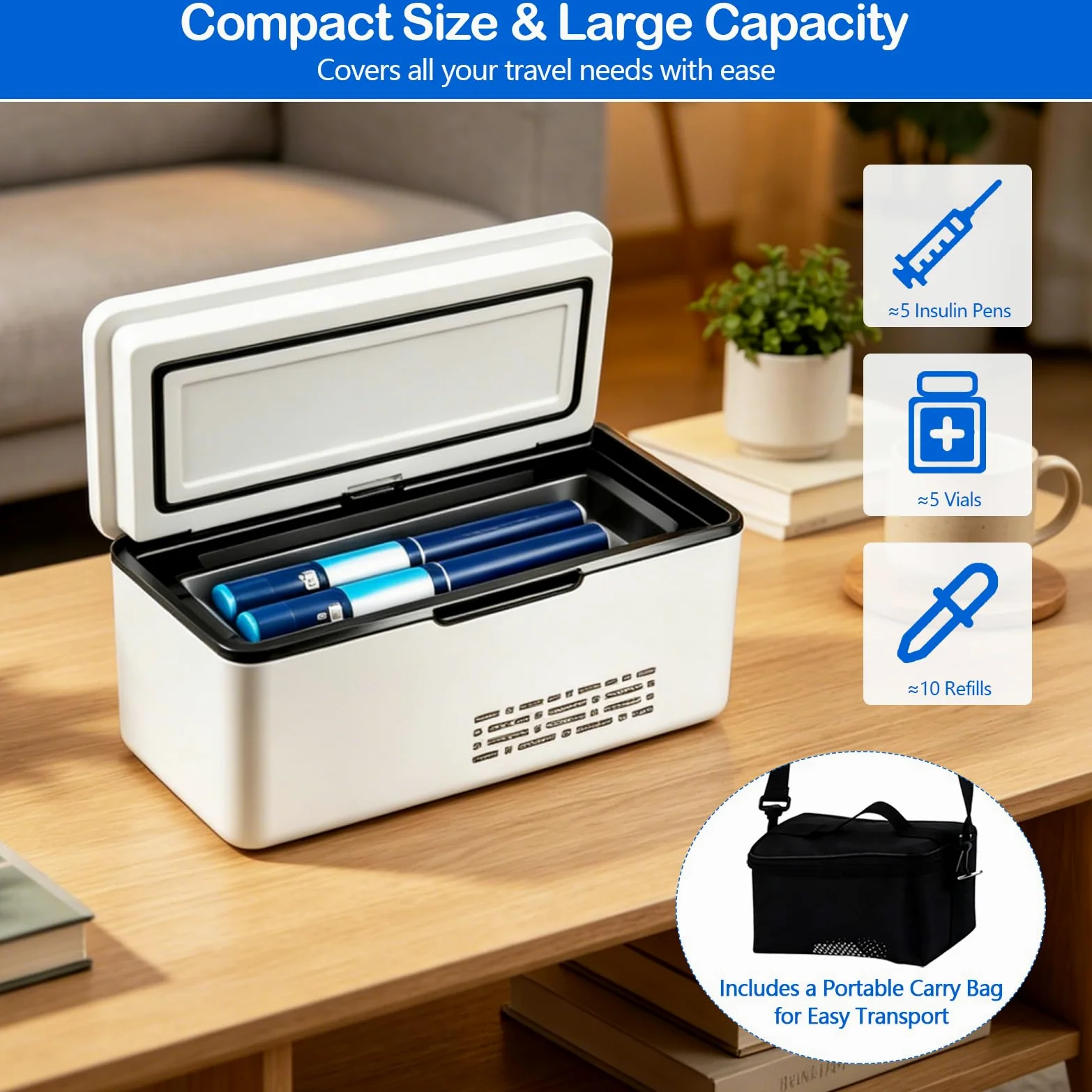 Nevera portátil de insulina, 2 – 8 °C, refrigerador de medicina con batería de 2 x 10200 mAh y bolsa de transporte, advertencia inteligente de batería, bolsa de insulina para casa, coche y