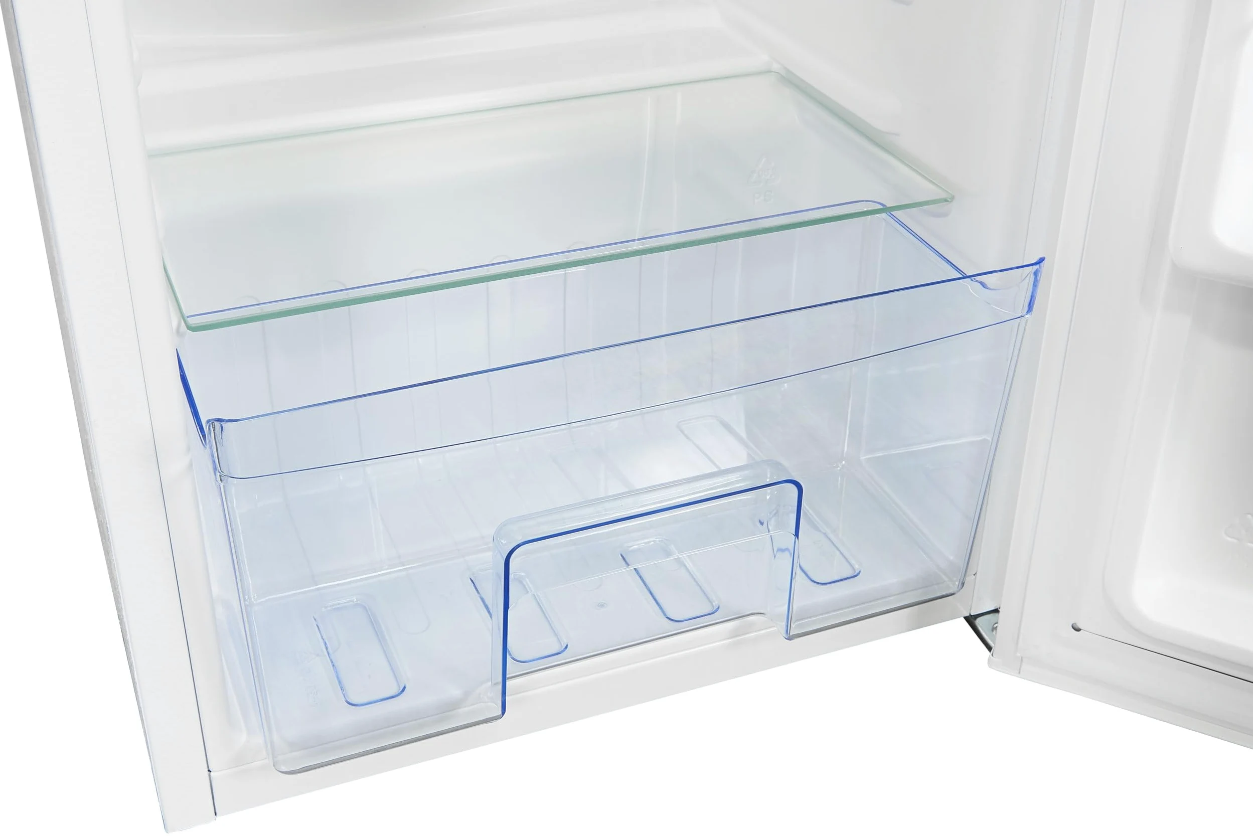 Exquisit® Frigorífico Table Top, 75L, Clase E, Color Blanco, Estantes de Cristal, Puerta Reversible, Tiradores Integrados, Cajón Verdulero, Consumo 84 kWh/año, Medidas 84,3x45x45.4 Cm.