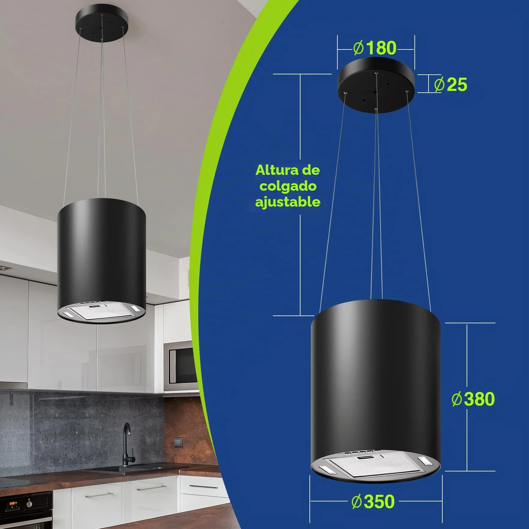 SNDOAS Hotte Aspirante, Hotte Suspendue 35cm avec 2 Filtres à Charbon, Débit d'Air Puissant 700 m³/h, 3 Vitesses, Arrêt Retardé (5 minutes), Éclairage LED, Noire