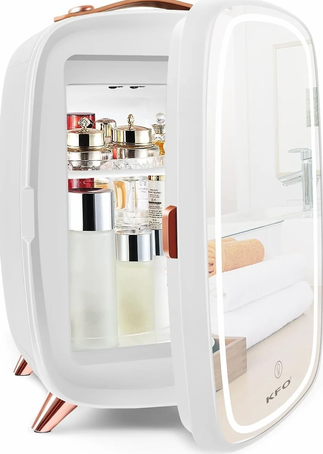 KFO Nevera Para Cosmeticos Con Espejo LED 6L | Nevera De Maquillaje Portátil, 3 Modos De Luz (Viva/Tamizada/Estrellada) | 6°C + 20 DB Ultra Silenciosa | Mini Nevera Para Cremas Y Perfumes