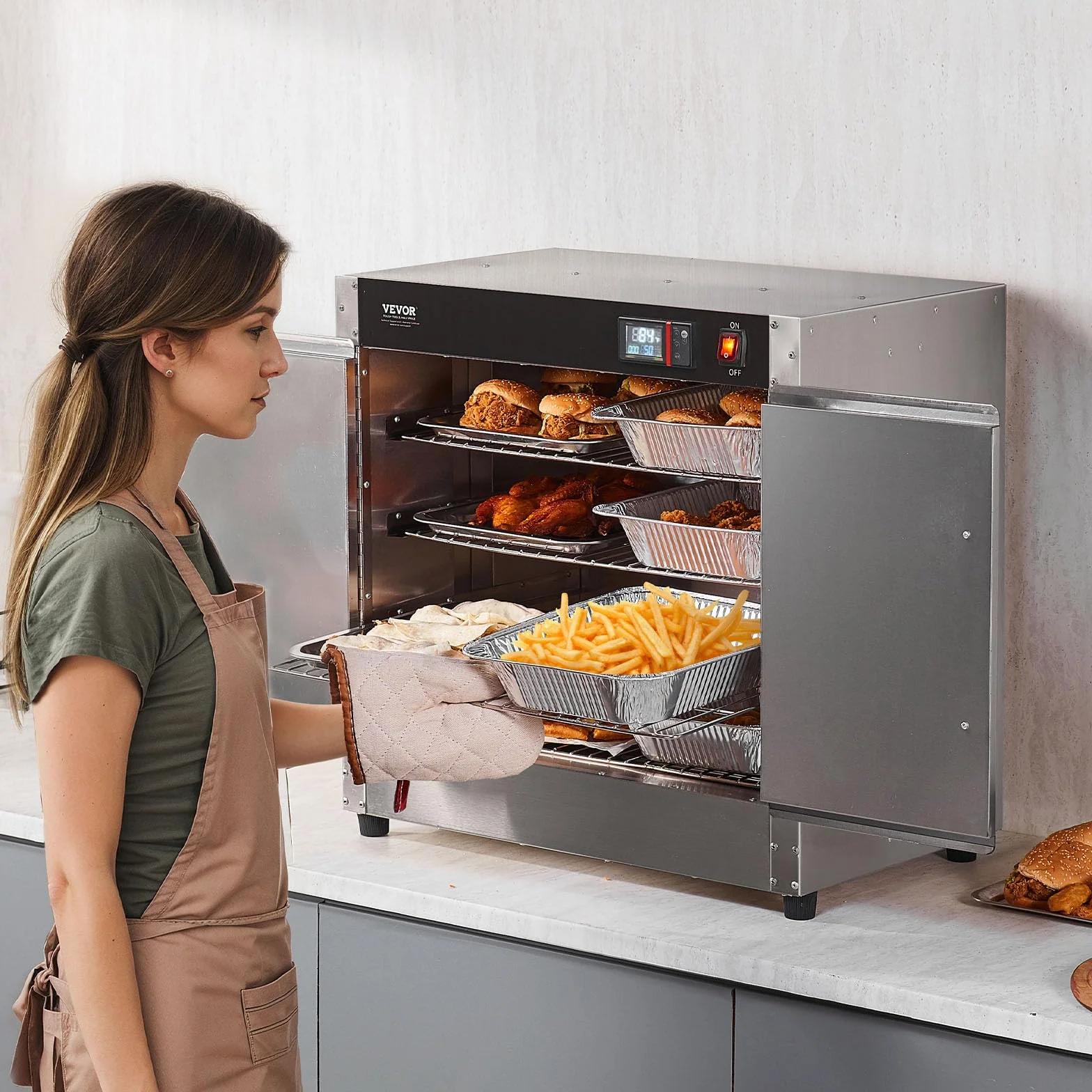 VEVOR Calentador de Alimentos Tipo Caja Caliente, 4 Niveles con Bandeja de Agua, 4 Bandejas, Puerta Doble y Estantes Ajustables, Acero Inoxidable, Ideal para Almacenar Pizza, Pollo, Restaurante, 850 W