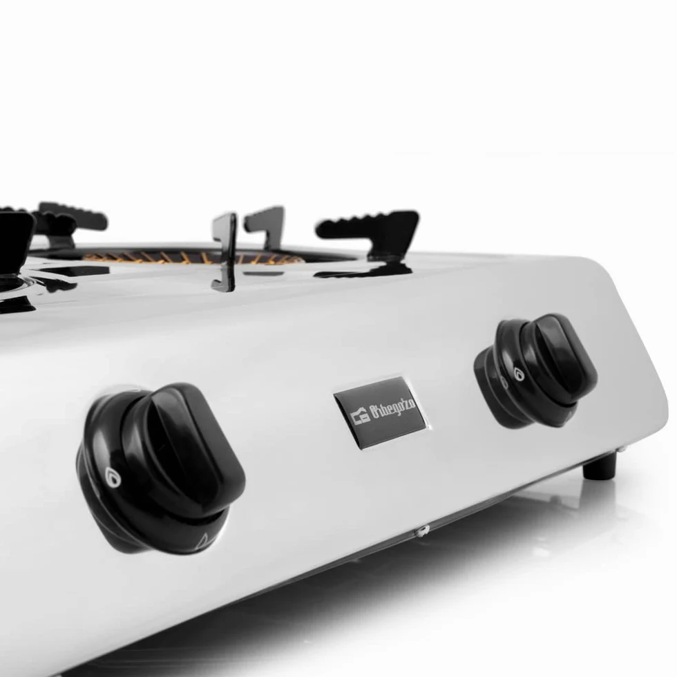 Hornillo gas butano o propano, cuerpo INOX, 2 quemadores de triple corona, encendido piezoeléctrico