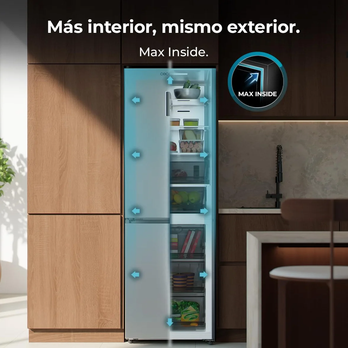 Cecotec Frigorífico Combi 409L Total No Frost Bolero CoolMarket Combi 409 Inox C. Altura 185cm, MAX INSIDE con VIP Tech, Compresor Inverter Plus, Bajo Consumo, Cajón Temperatura Variable, Inox