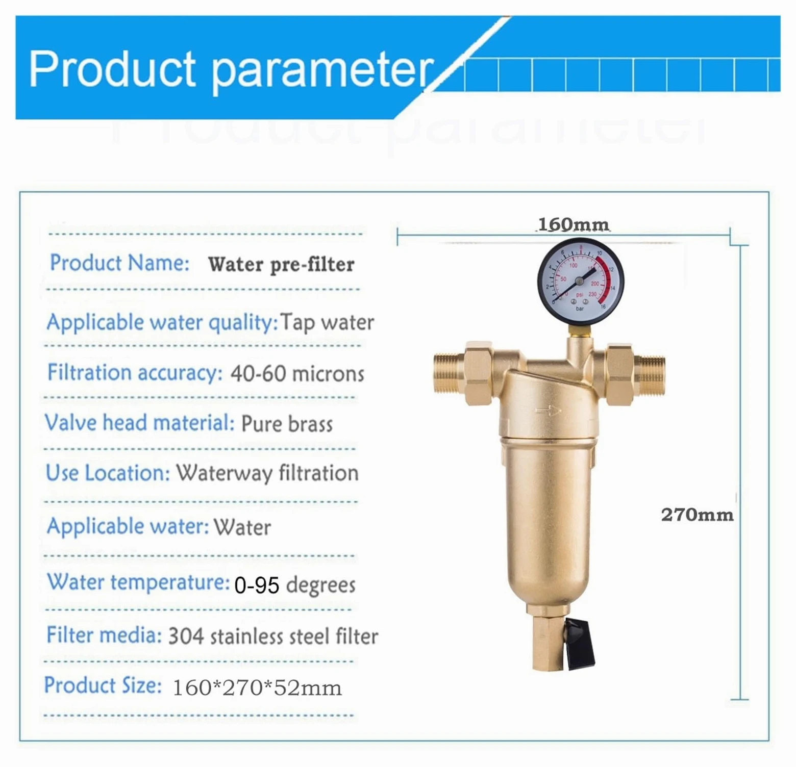 Filtro de agua, Sifón Backwas Pre-filtro de agua caliente, de purificador de latón entero Prefiltro de malla de acero inoxidable con manómetro de agua caliente(Whole brass,0.5 inch)