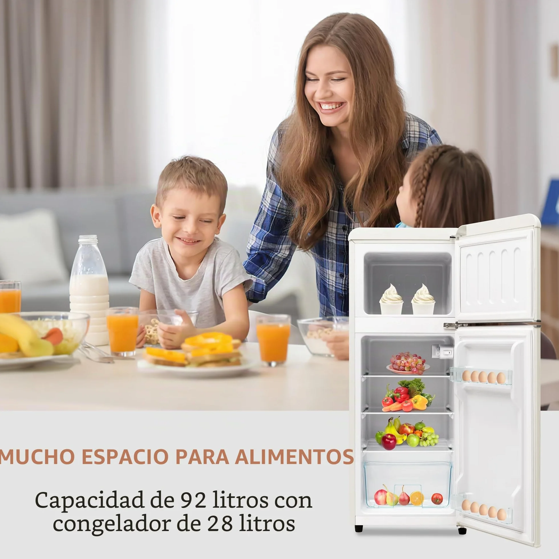 Merax Frigorífico de 2 puertas, 92 litros, congelador 28 l, 105,5 cm de altura, LED, estantes de vidrio ajustables, 116 kWh/año, silencioso 45 dB, compacto y energéticamente eficiente, para cocina