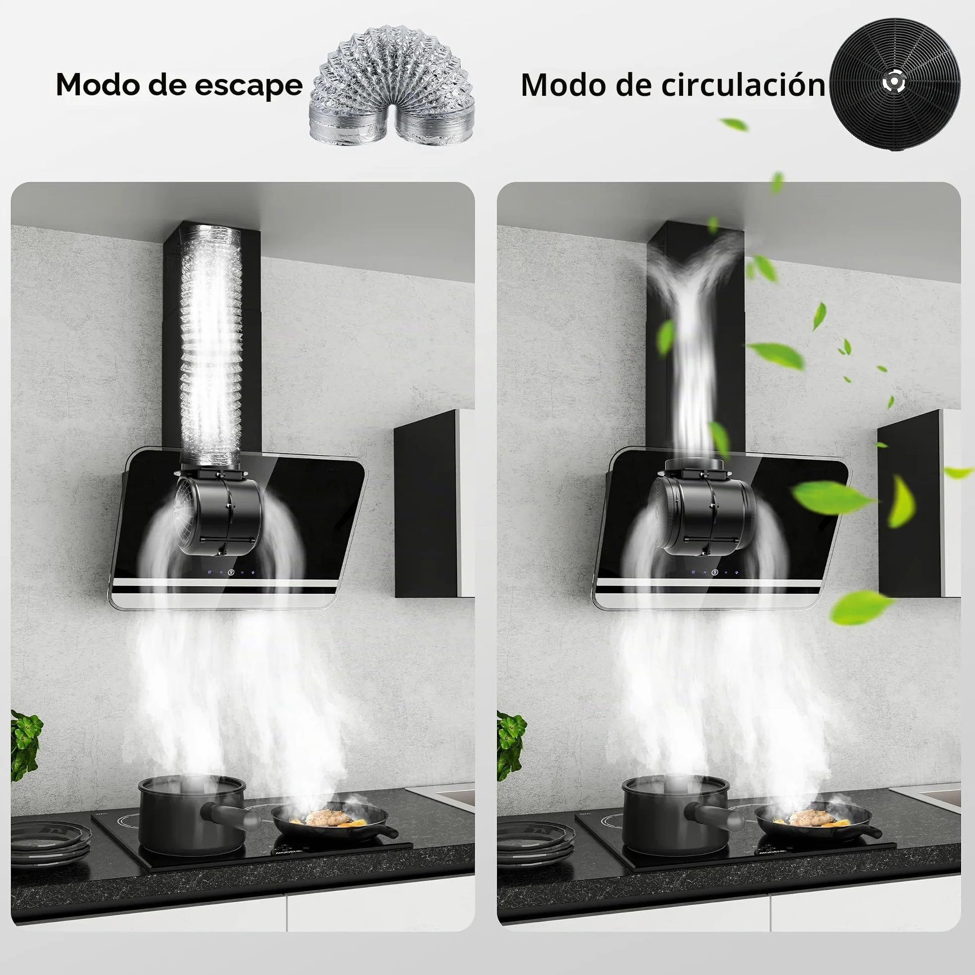 FIREGAS Campana extractora 60cm, Extractor inclinado, Motor sin escobillas, Bajo Consumo, 9 velocidades, 578m³/h, LEDs, Recirculante y Extracción, Incluye filtro de carbón