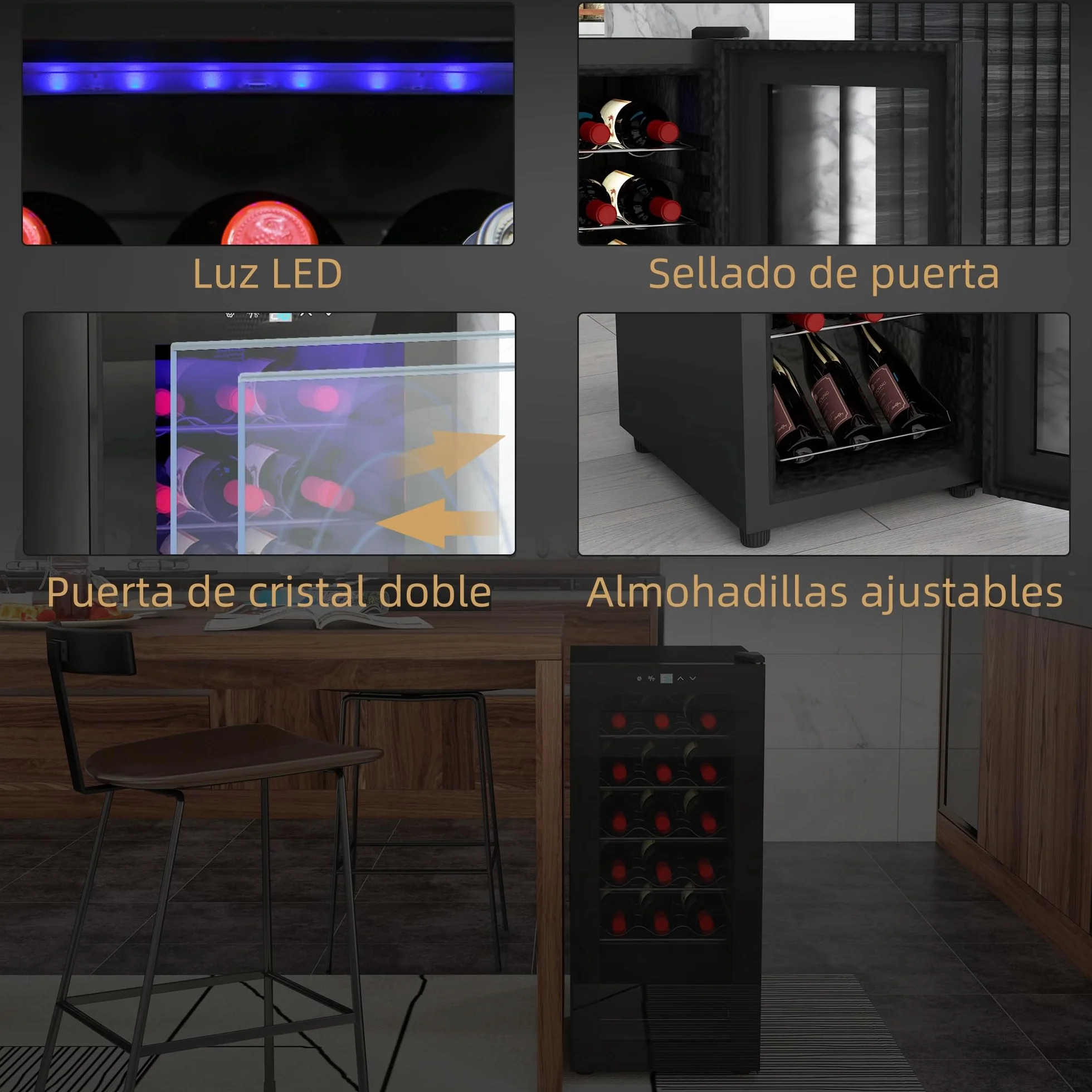 HOMCOM Nevera Vinos 18 Botellas 50L Vinoteca con Luz LED Interior Pantalla LED Táctil Digital Control de Temperatura Puerta de Vidrio Anti-UV y 5 Estantes de Metal Negro