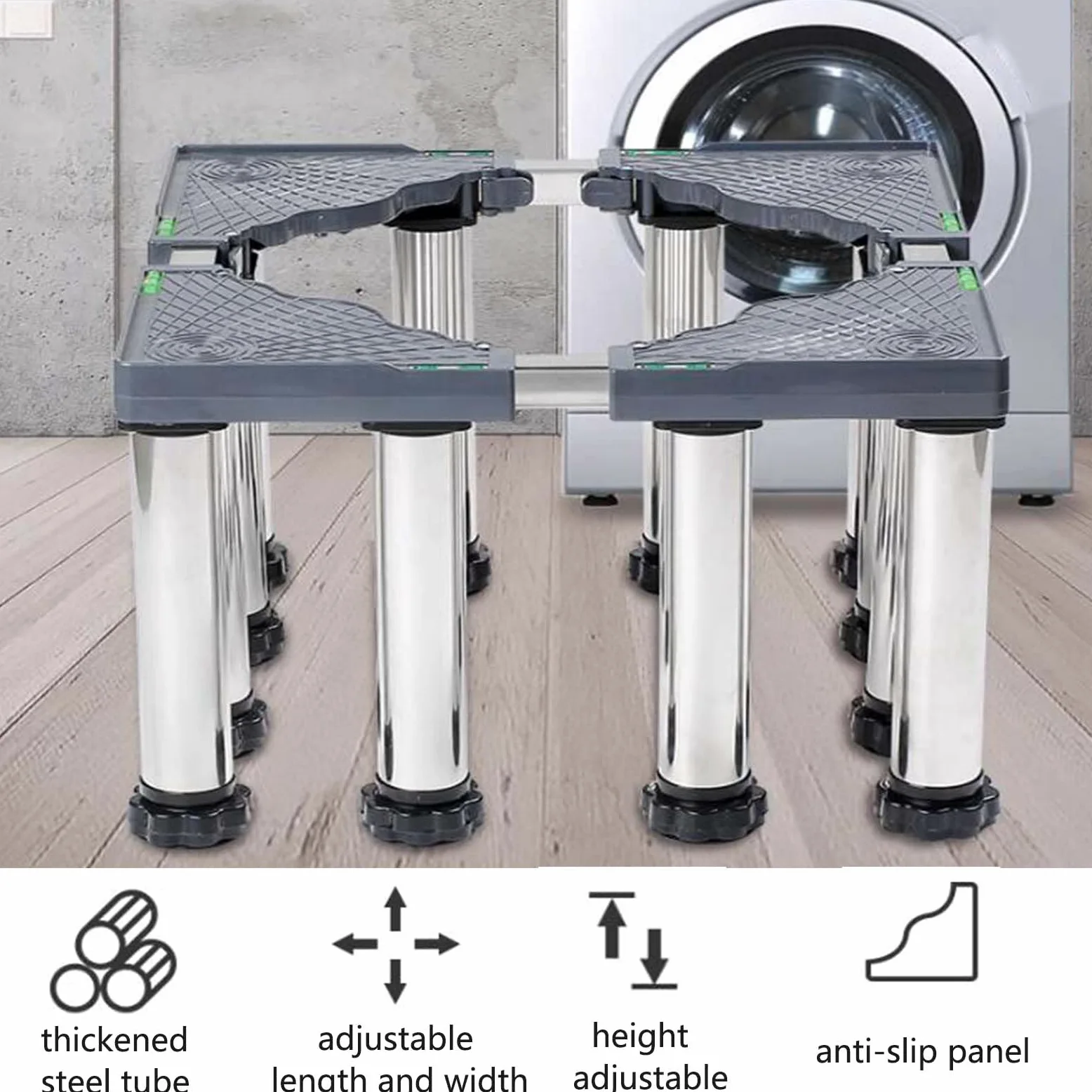 Soporte ajustable para lavadora, soporte resistente para lavadora de refrigerador, secadora, altura y ancho ajustables, fácil instalación