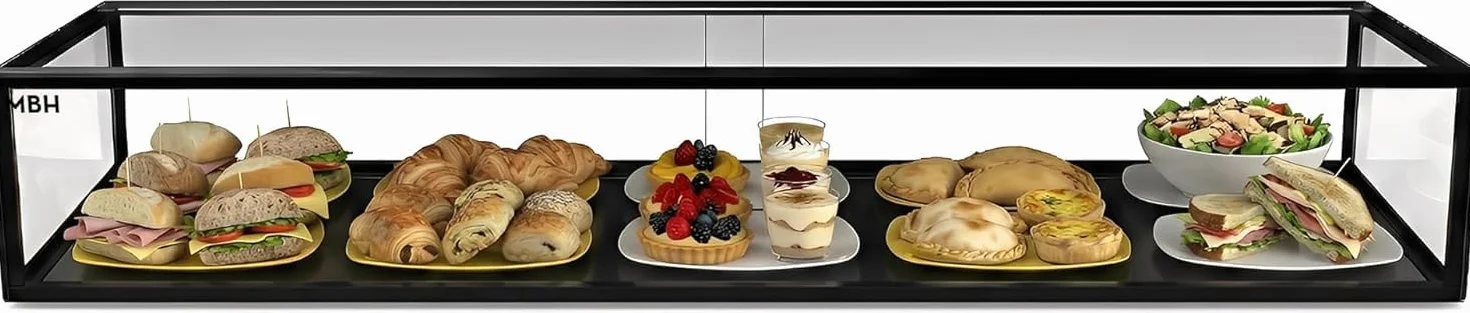 MBH - Vitrina Expositora Neutra de Sobremostrador 120x33 cm, Cristal Recto Templado, 1 Piso, sin Iluminación LED, Puertas Traseras Correderas, para Bar, Cafetería, Restaurante, Bollería y Repostería.