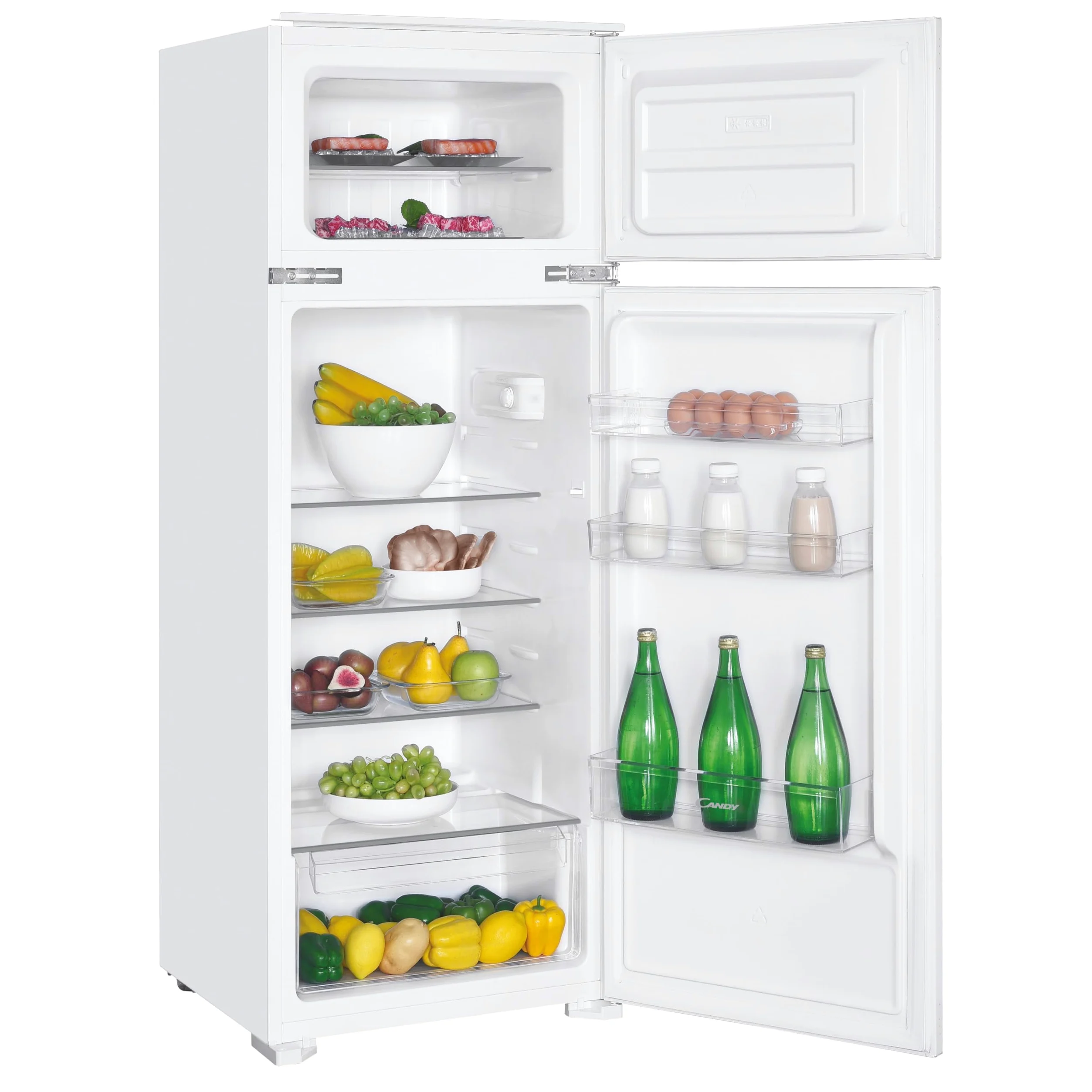 Candy CFBD 2450/5EH - Frigorífico empotrado con congelador, puerta de arrastre, doble puerta, nicho de 144 cm, 205 litros, compartimento frigorífico de 169 litros, congelador de 36 litros, 1 cajón de