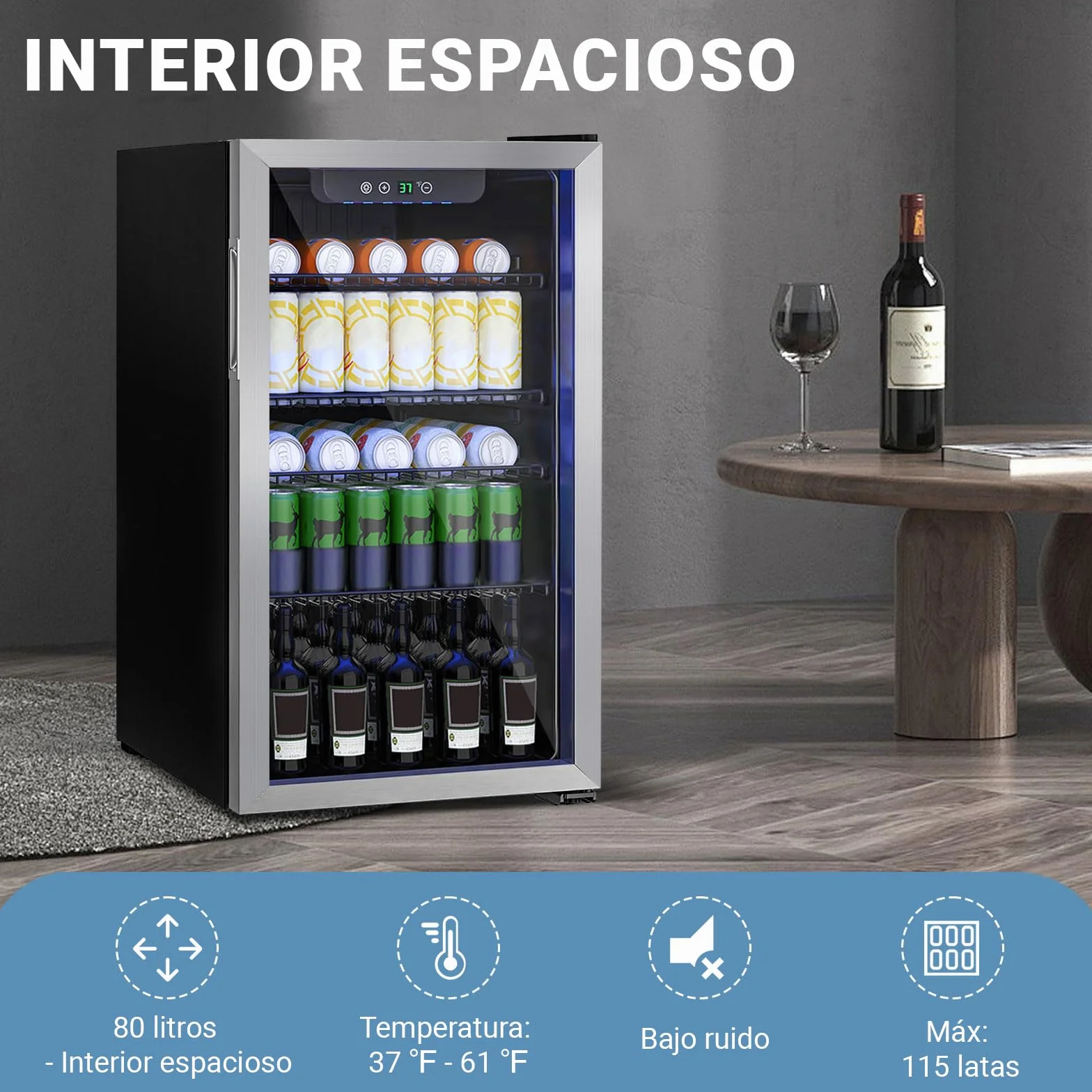 Mini refrigerador de 80L, refrigerador independiente para bebidas con capacidad para 115 latas puerta de transparante para, refrigerador pequeño con estantes ajustables (plateado)