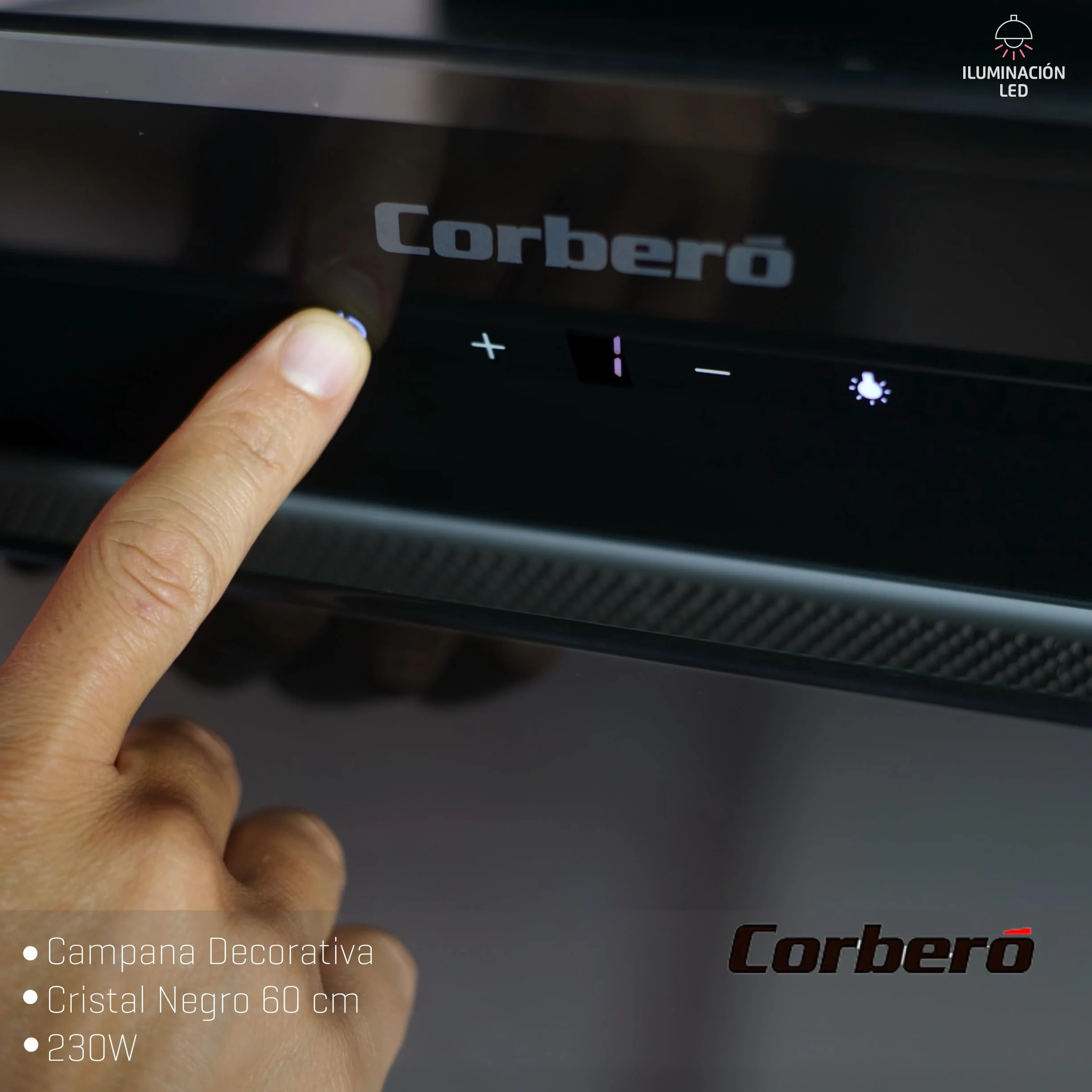 Corbero - Campana Extractora 60 cm | ONEGA675B | 705.2 m3/h | 66db| 230W | 4 Velocidades | Control Tactil| Vidrio Templado | 1 Filtro Aluminio + 1 Filtro Carbón | Blanco
