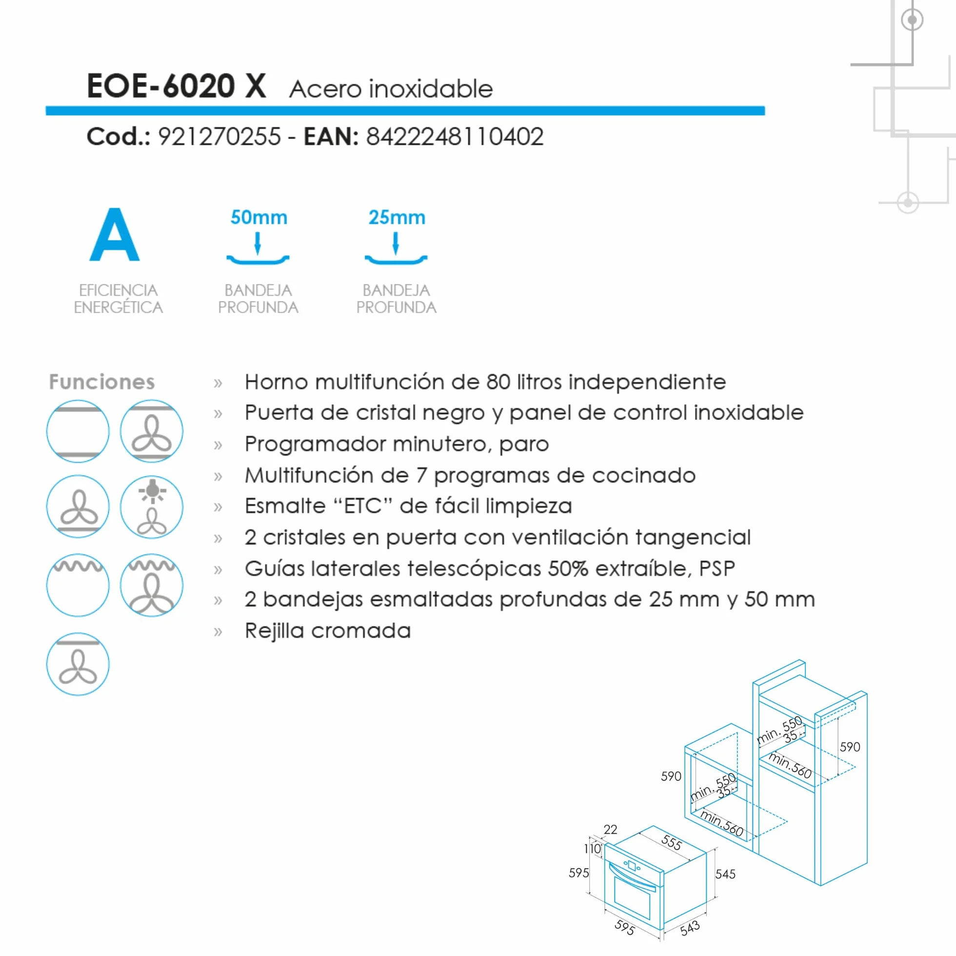 Edesa Horno Multifunción EOE-6020 X/A Capacidad 80L 7 Programas Cocinado Puerta Cristal Panel Control Inoxidable Fácil Limpieza Incluye Guías Laterales 2 Bandejas Rejilla Cromada Acabado Cristal Negro