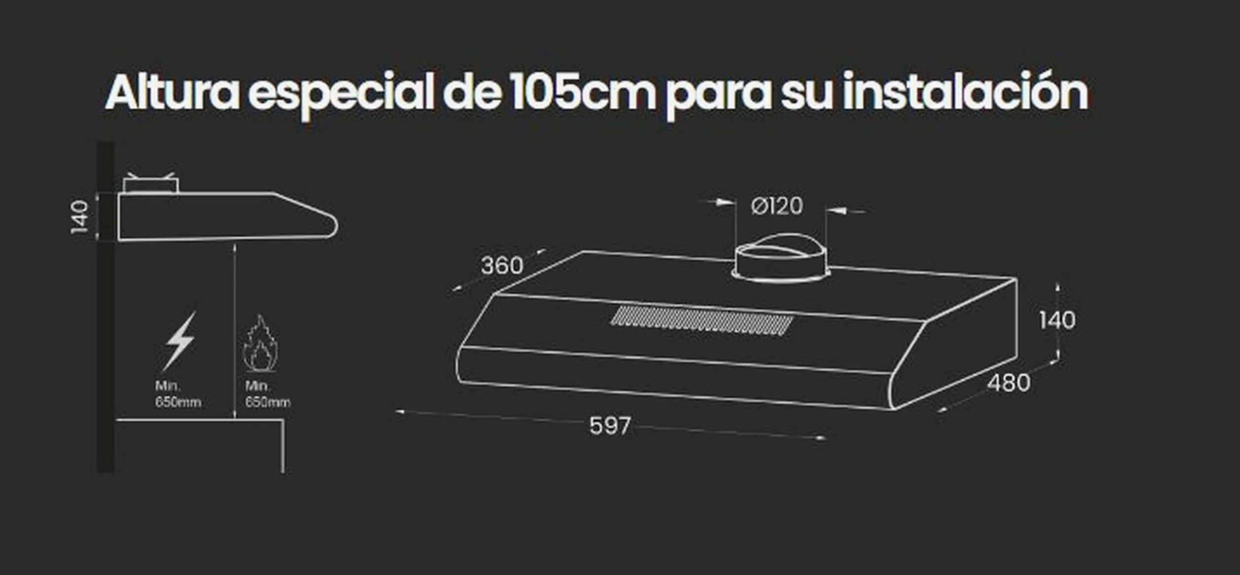 INFINITON Campana Extractora CMPV-620XB10, 200 m3/h, Ancho 60 cm, Altura especial de 105cm para su instalación, Luz LED incorporada,3 Niveles de potencia de succión, Inox