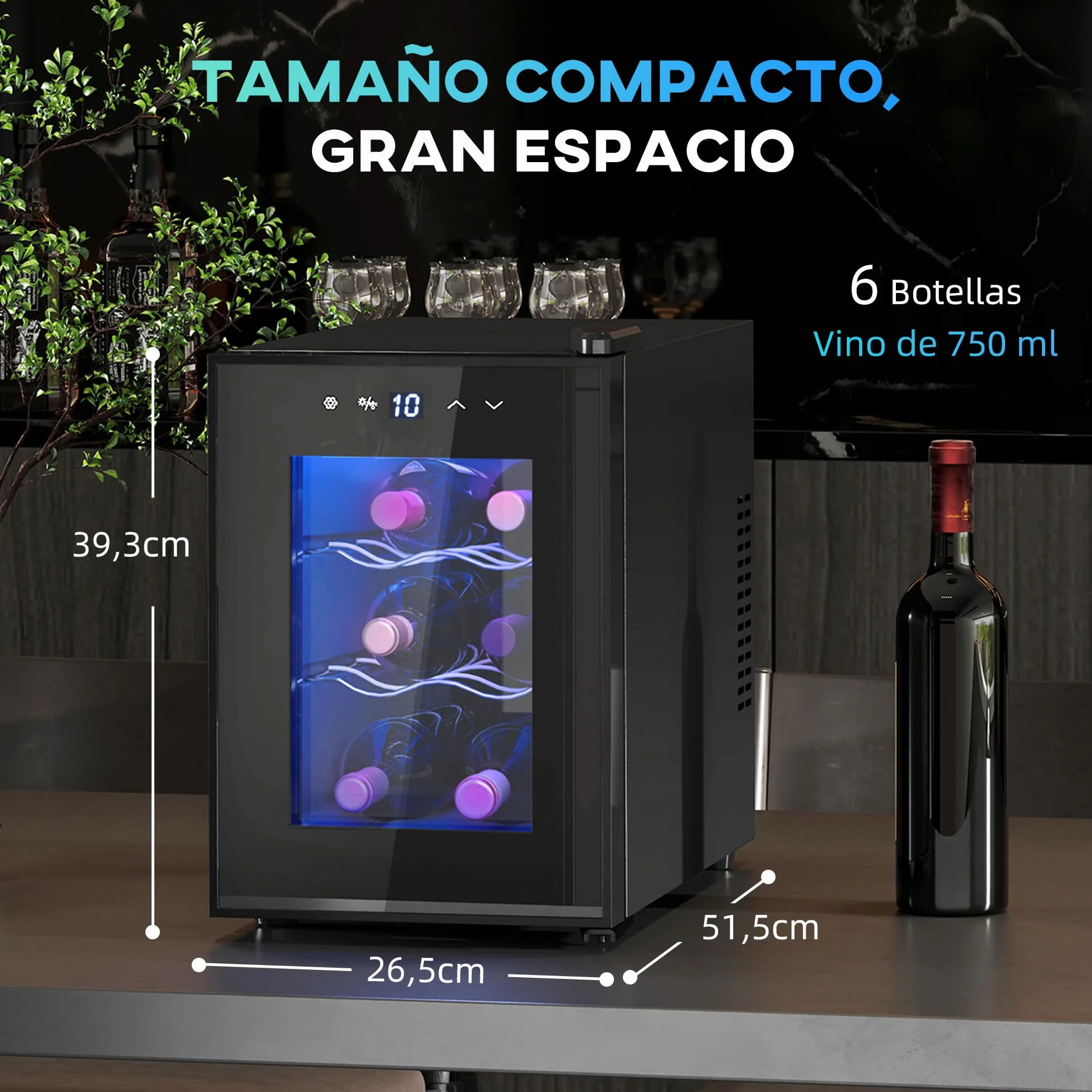 HOMCOM Vinoteca 6 Botellas, Nevera para Vinos con Doble Refrigeración Termoeléctrica, Temperatura Ajustable 8-18℃, Puerta de Vidrio, Anti-UV, Pantalla LED, Luz Interior, Negro