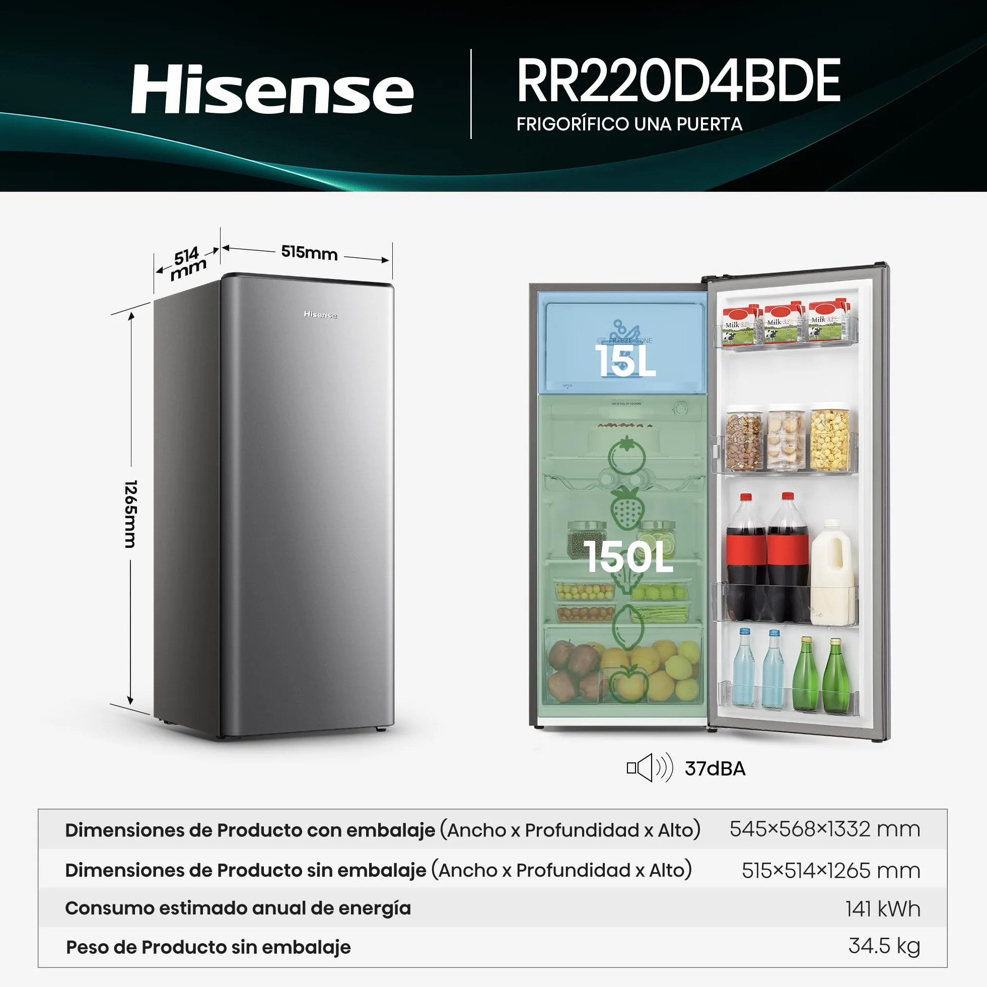 Hisense RR220D4BDE Frigorífico Una Puerta 165L 127cm Cycle Defrost Inox