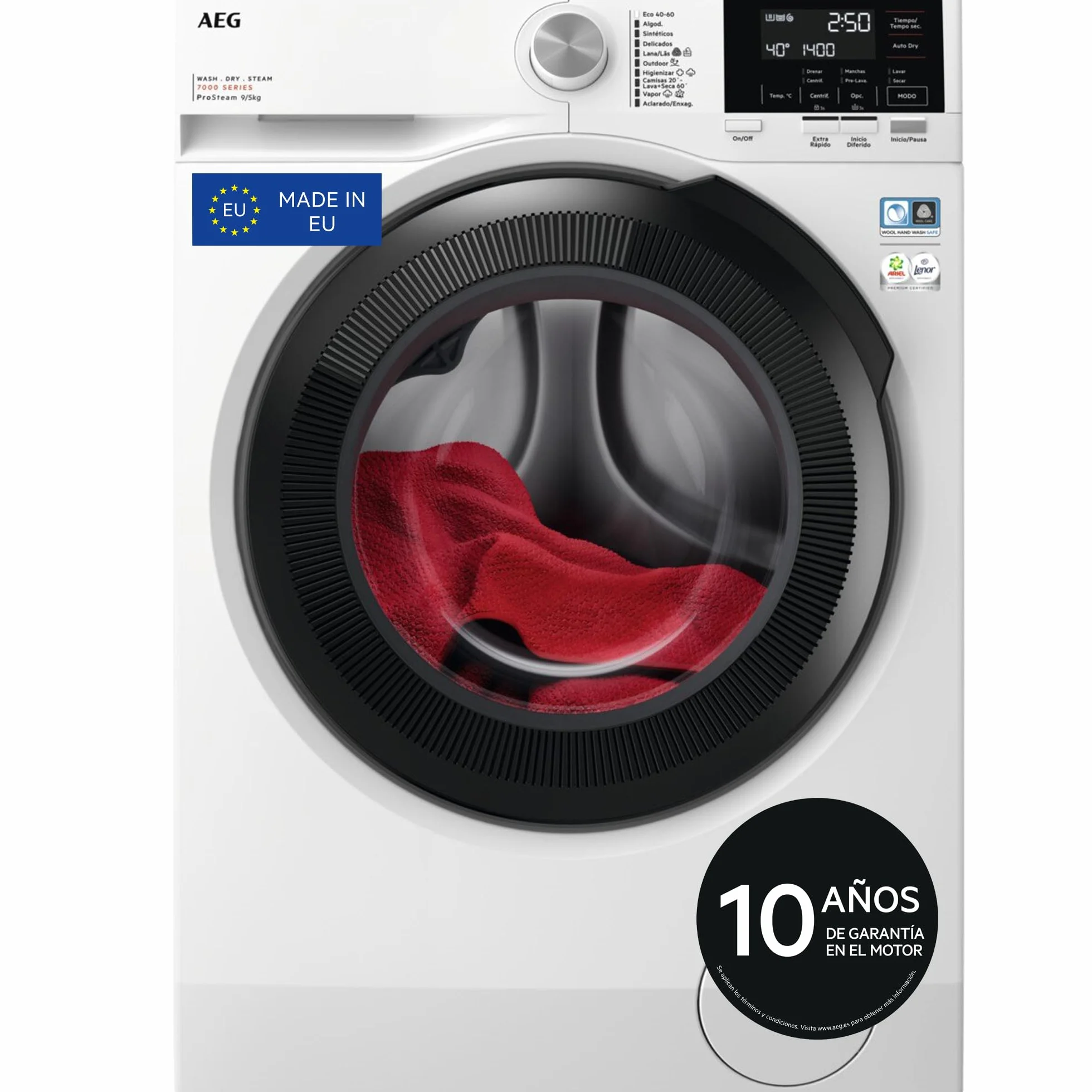 AEG LWR7194M4B Lavasecadora de Carga Frontal, Lava 9 Kg, Seca 6 Kg, Libre Instalación, 1400 rpm, Motor Inverter, Programa Rápido, Nonstop 60 min, Panel LCD, Puerta XL Negra, Clase A, Fabricado en UE