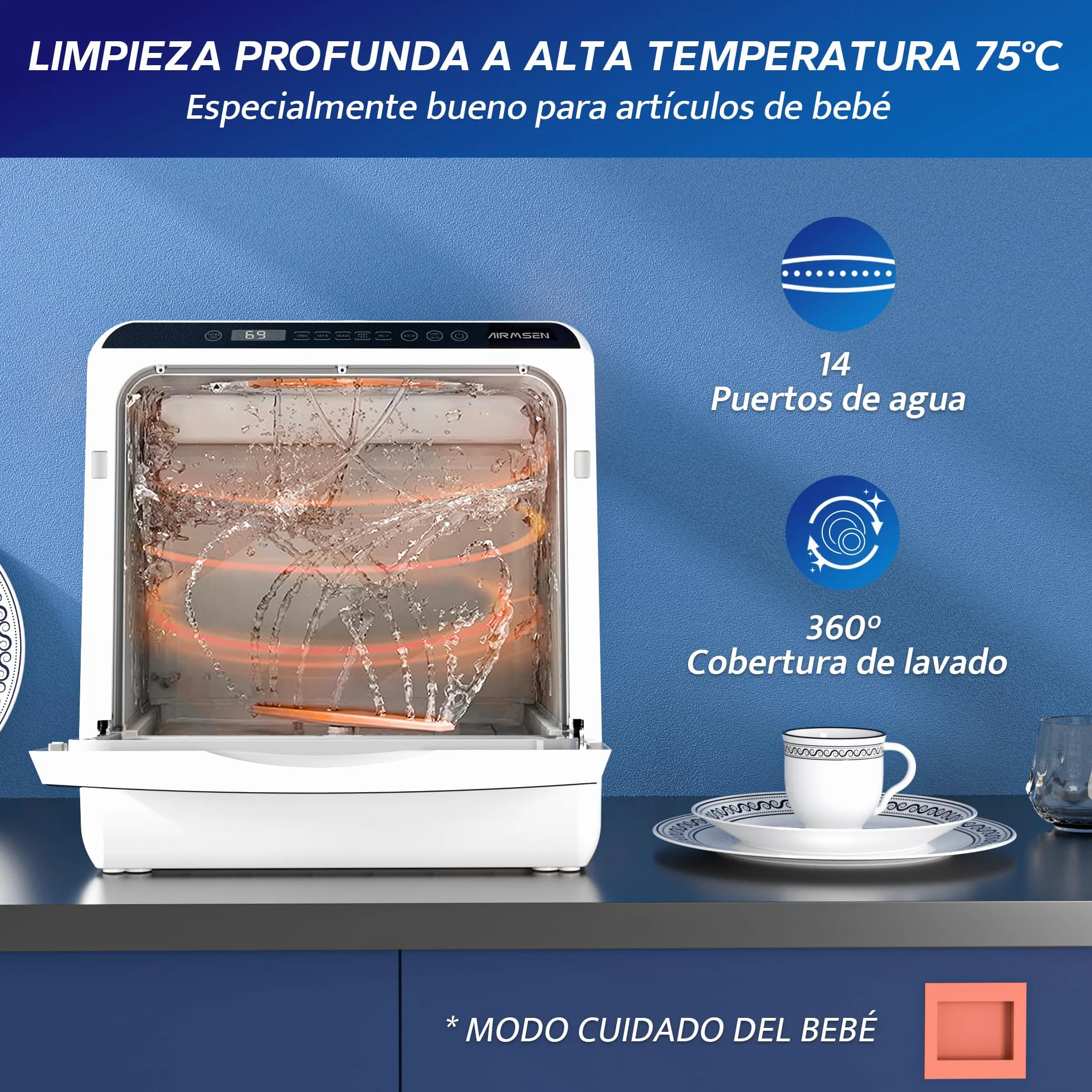 AIRMSEN Mini Lavavajillas de Sobremesa con 5+1 Programas, Depósito de 5 Litros, 2 Formas de Suministro de Agua, Control Táctil y Pantalla LED, Ideal para Cocinas Familiares, Apartamentos y Dormitorios