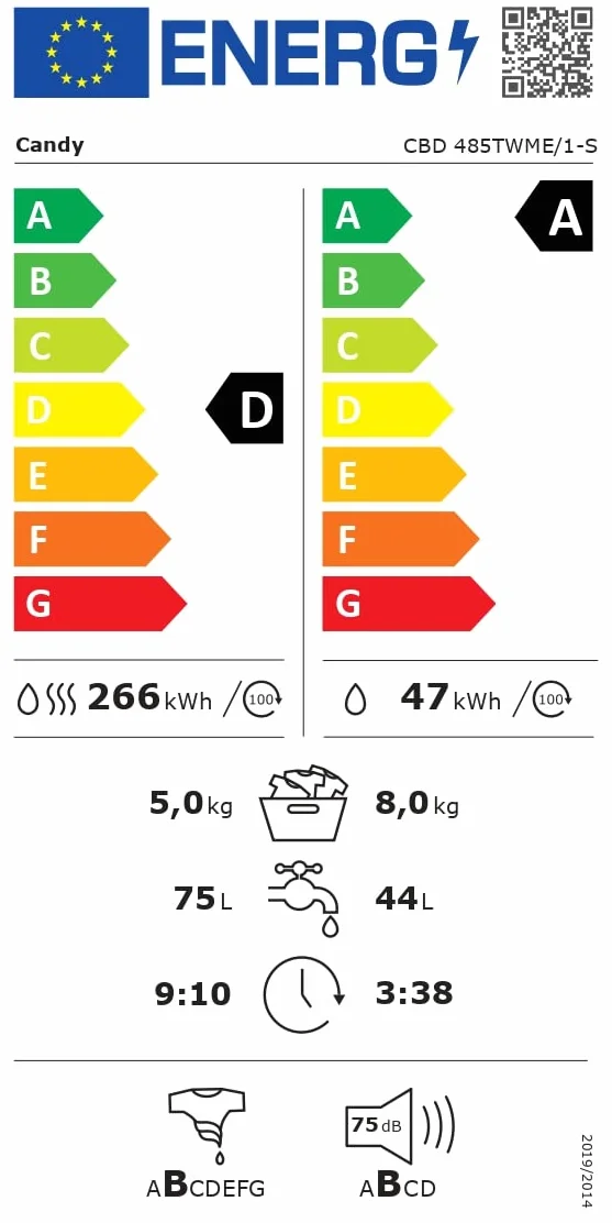 Candy Smart Inverter CBD 485TWME/1-S, Lavasecadora Integrable, 8KG + 5KG, 1400RPM, 7 Ciclos Rápidos, Mix Power System, Certificado Lana, Selección Nivel Secado, Inicio Diferido 24H, Blanco