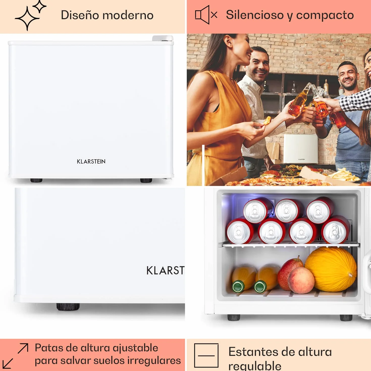 KLARSTEIN Nevera Pequeña Portatil Eléctrica, Mini Nevera Silenciosa, Caravana, Frigorificos Pequeños 3 Niveles Frío, Minibar 0-15°C, 17 l.
