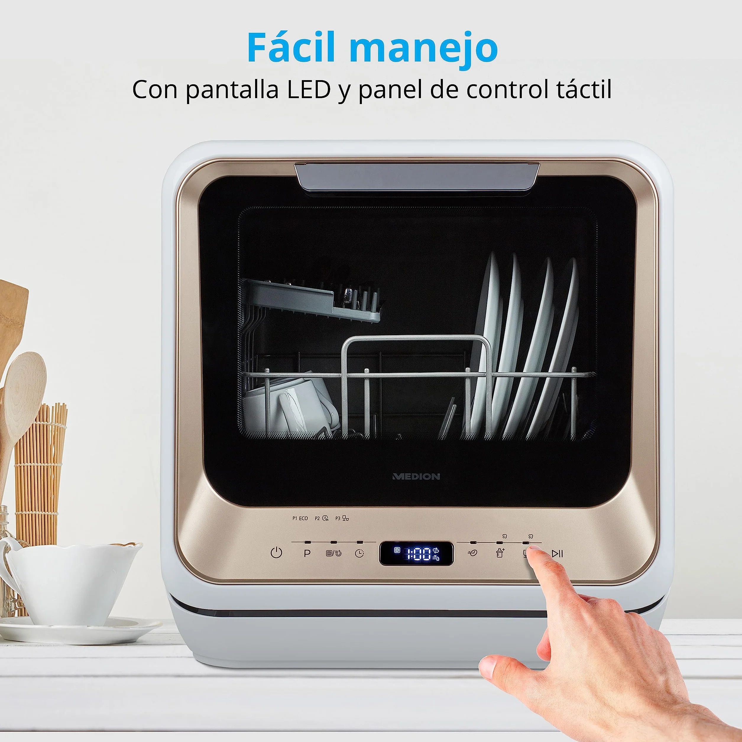 MEDION Mini lavavajillas MD 37217, lavavajillas pequeño para 2 cubiertos y 6 programas de limpieza, lavavajillas compacto con preselección de la hora de inicio