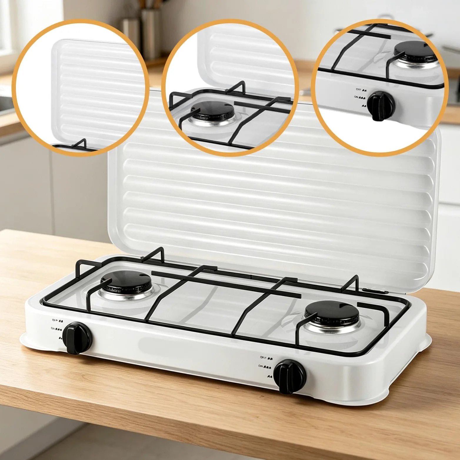 Placa de Gas con Quemador Doble, Resistente Y Fácil de Usar, Compacta, de Acero Inoxidable, con Integrado. Adecuada para El Hogar, Camping