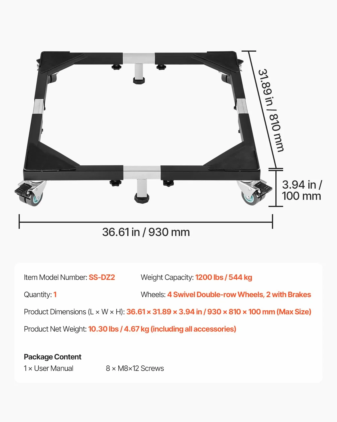 VEVOR Base Móvil para Muebles 930 x 810 x 100 mm con 8 Ruedas Gemelas con Bloqueo y 4 Frenos, Capacidad de Carga de 544 kg, Plataforma Rodante Ajustable de 584,2-929,64 mm para Lavadora, Frigorífico