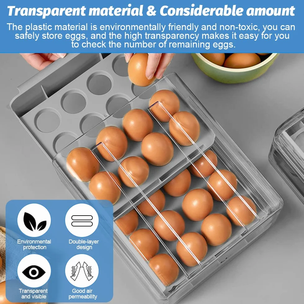 THATSRAD Caja de Huevos para Nevera 32 Rejillas Huevera para Frigorífico Cajón Caja de Almacenamiento para Huevos Bandeja para Huevos Caja Huevos para Refrigerador, Panadería (23,5*21,5*13,5cm, Gris)