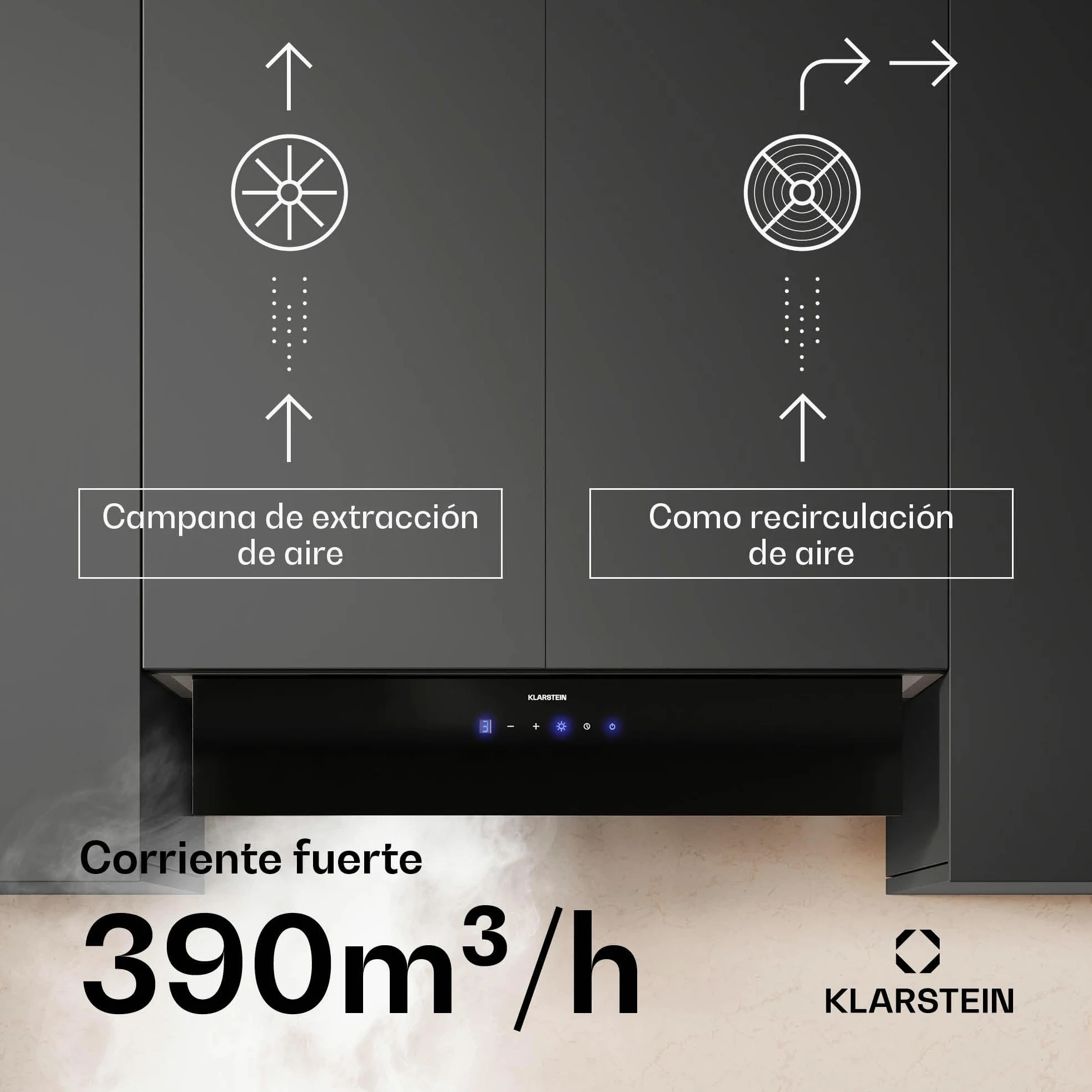 Klarstein Ventimate Campana Integrada, 85cm Campana Extractora con Control Táctil, 390 m³/h, Eficiencia Energética A+, Motor Silencioso, Luz LED, Filtro de Carbón para Recirculación, Negro