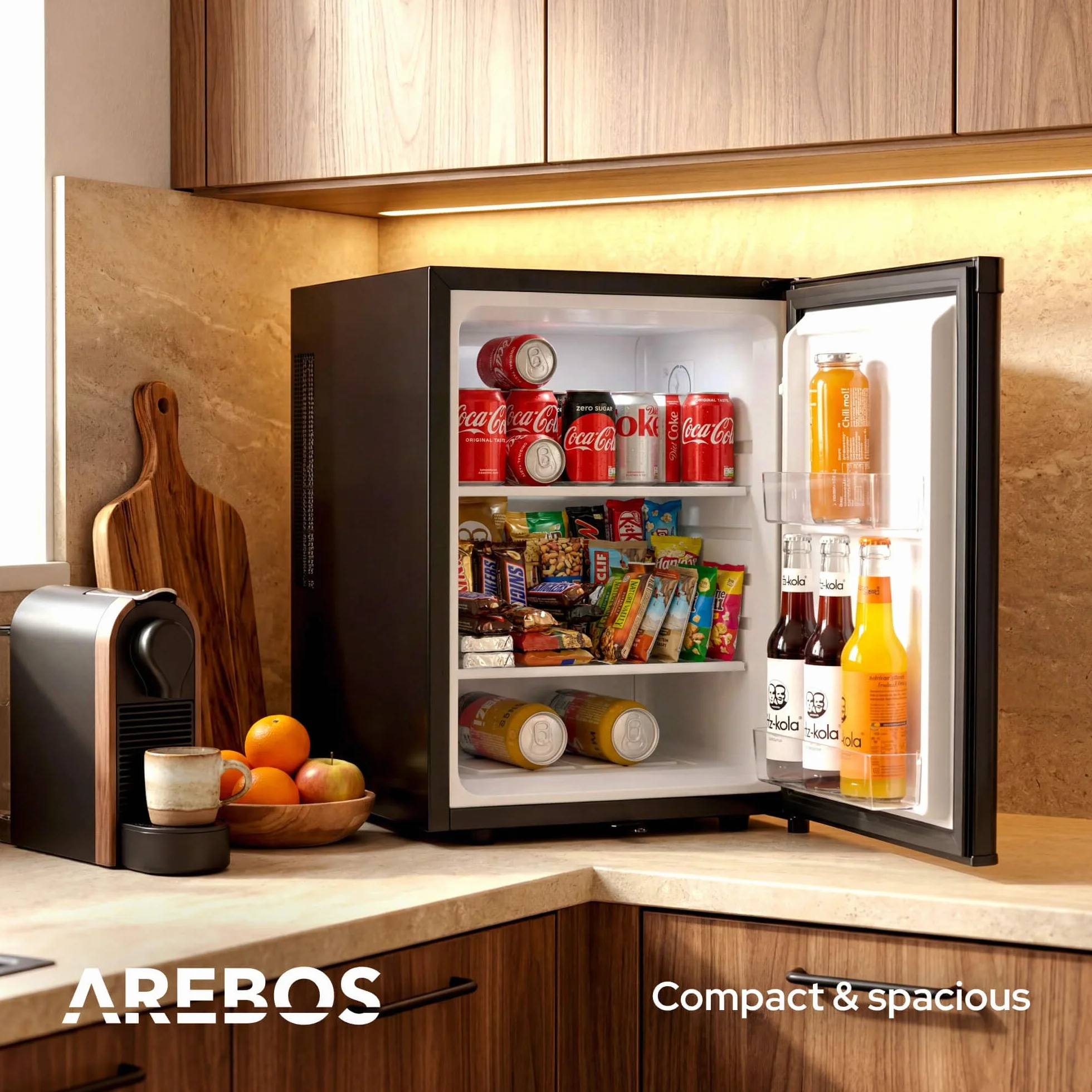 Arebos Mini Frigorífico 40L | Mini Bar Silencioso ≤27 dB | Nevera Compacta con Cerradura, LED y Temperatura Ajustable 5–18 °C | Frigorífico Oficina | Negro