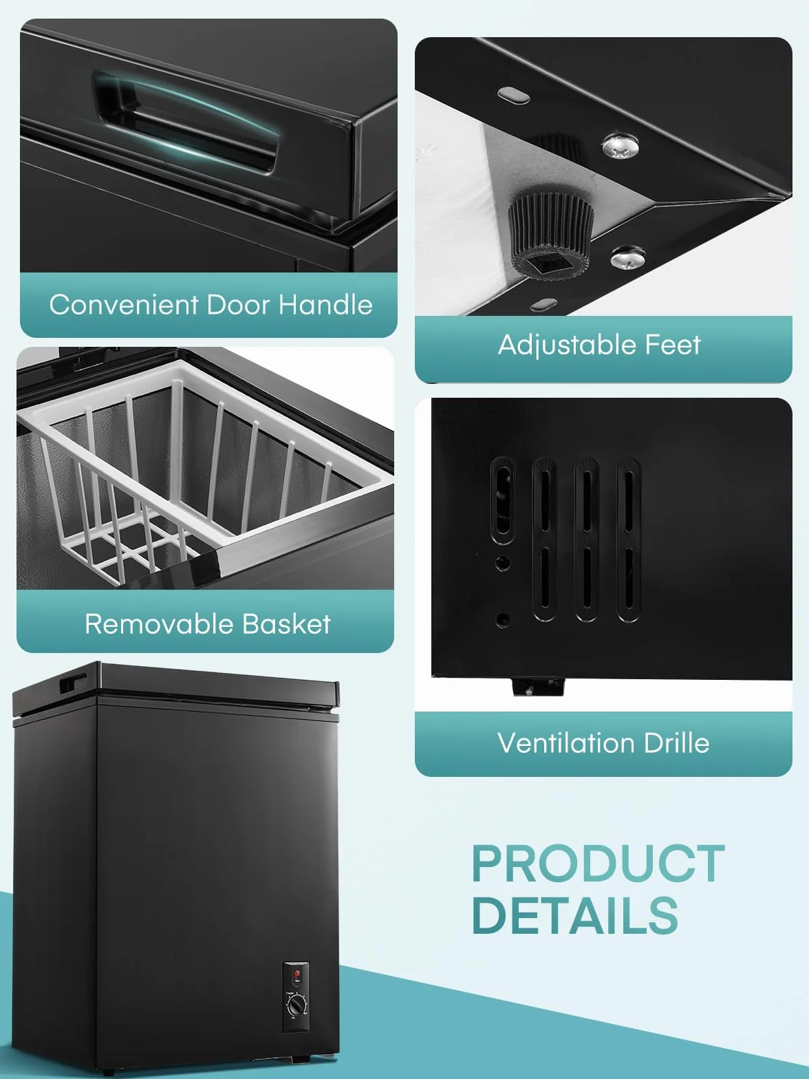 FOHERE Congelador Horizontal, Capacidad 70L, Alto 72.5 cm, Cesta con Asa, Silencioso 45 dBA, 6 Ajustes de Temperatura, Negro