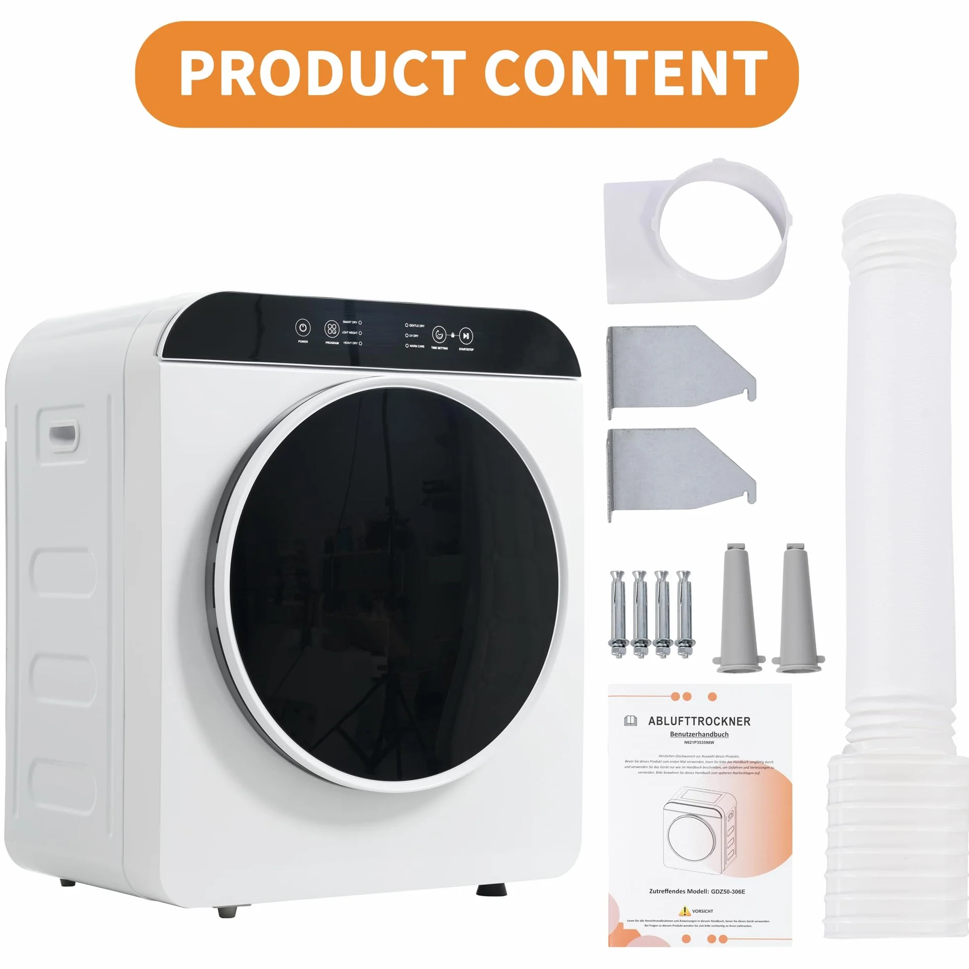 Secadora de Evacuación 4,5 kg con 6 Programas, Carga Frontal Secadora de Ropa 830 W, Montable en la Pared Secadora de Ropa con Tambor Inox, para Piso, Casa, Mobil Home, 59x49x43,5 cm, Blanco
