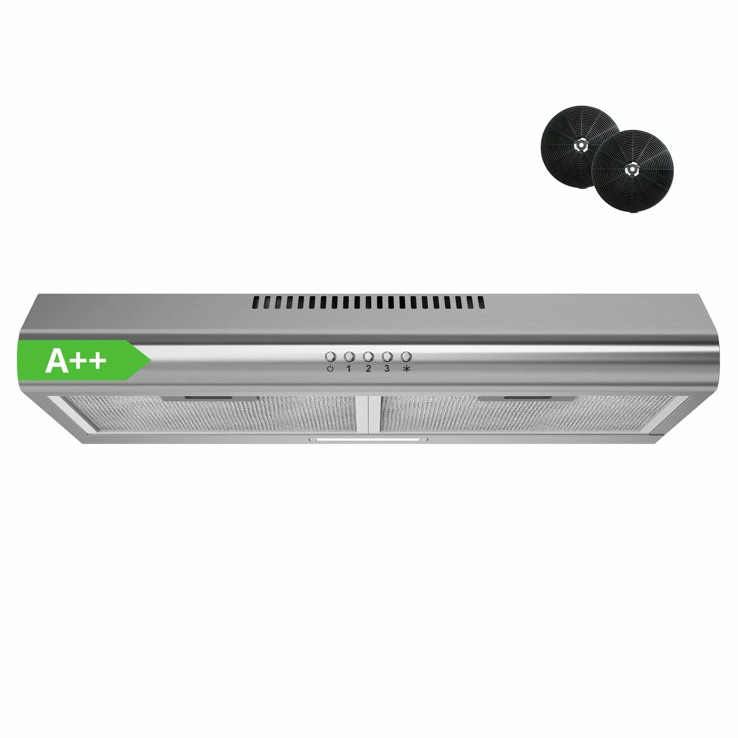 FIREGAS Campana Extractora 60cm A++, Motor Brushless Silencioso 46dB, Capacidad 319m³/h, Acero Inoxidable, Salida Superior/Trasera o Recirculación, Incluye 2 Filtros de Carbón