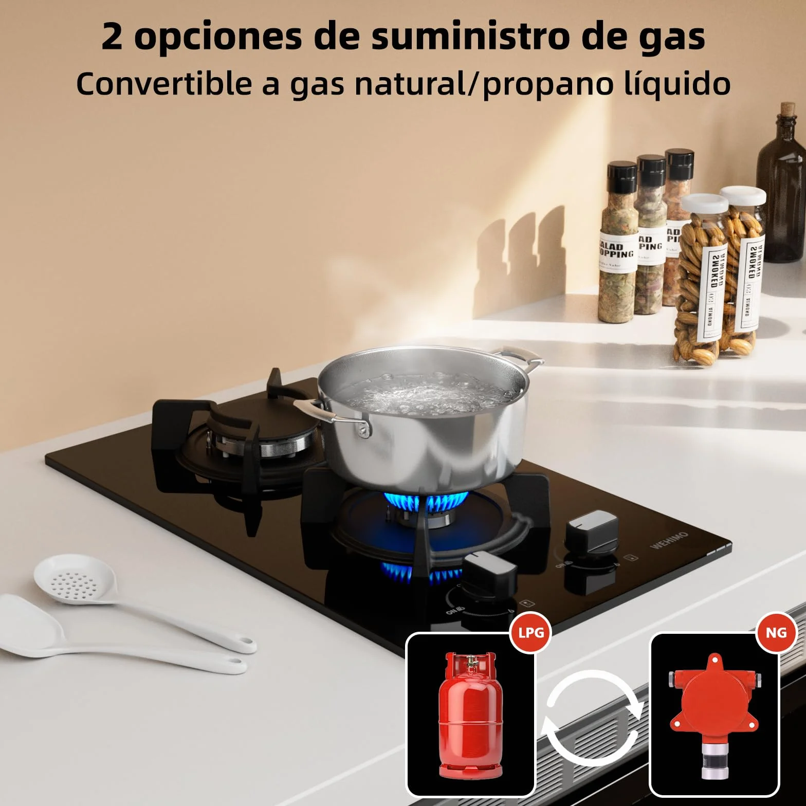 WEHIMO - Placa de cocina de gas de 2 fuegos, 2 fuegos empotrable, rejilla hierro fundido, 3700 W, gas ciudad y botella, cristal negro