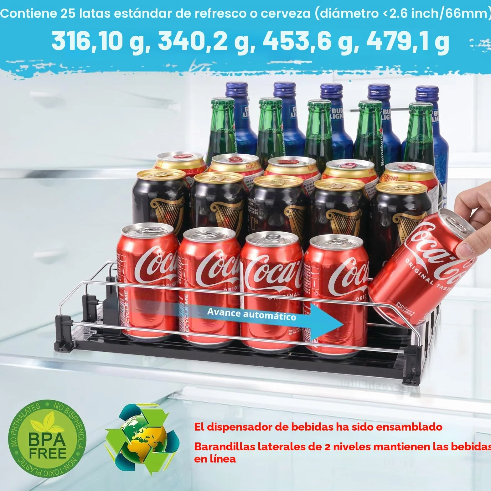 Automático Dispensador Latas Nevera Organizador Latas Frigorífico Refrigerador Cocina Despensa Almacenamiento 25 latas de tamaño estándar de 330ML 440ML 500ML Cerveza Soda Refrescos Bebidas