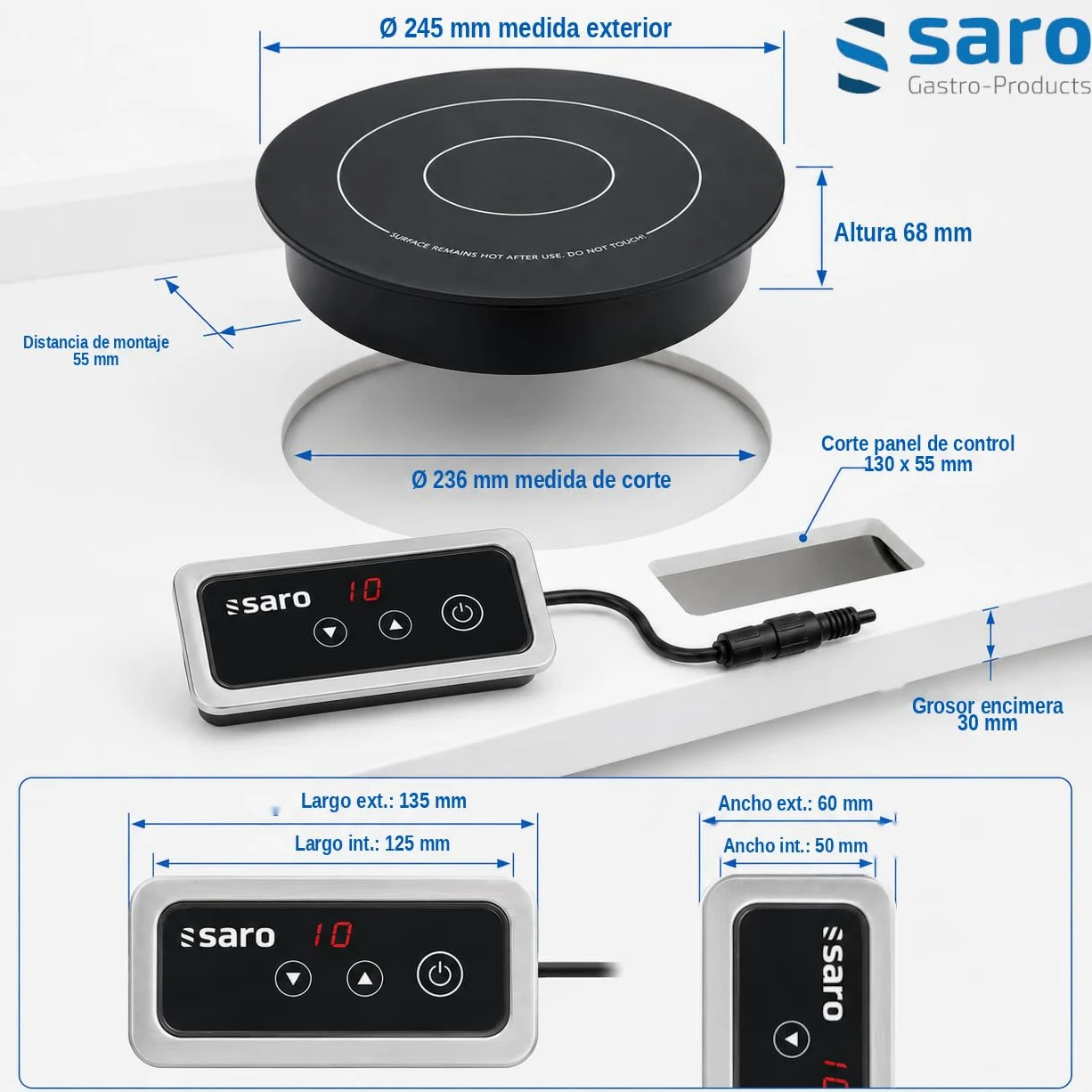 SARO EVA Placa de inducción empotrable, para ollas de hasta 200 mm Ø, pantalla táctil, 9 niveles de calor, indicador LED, temperatura 60-100 °C, 1 kW